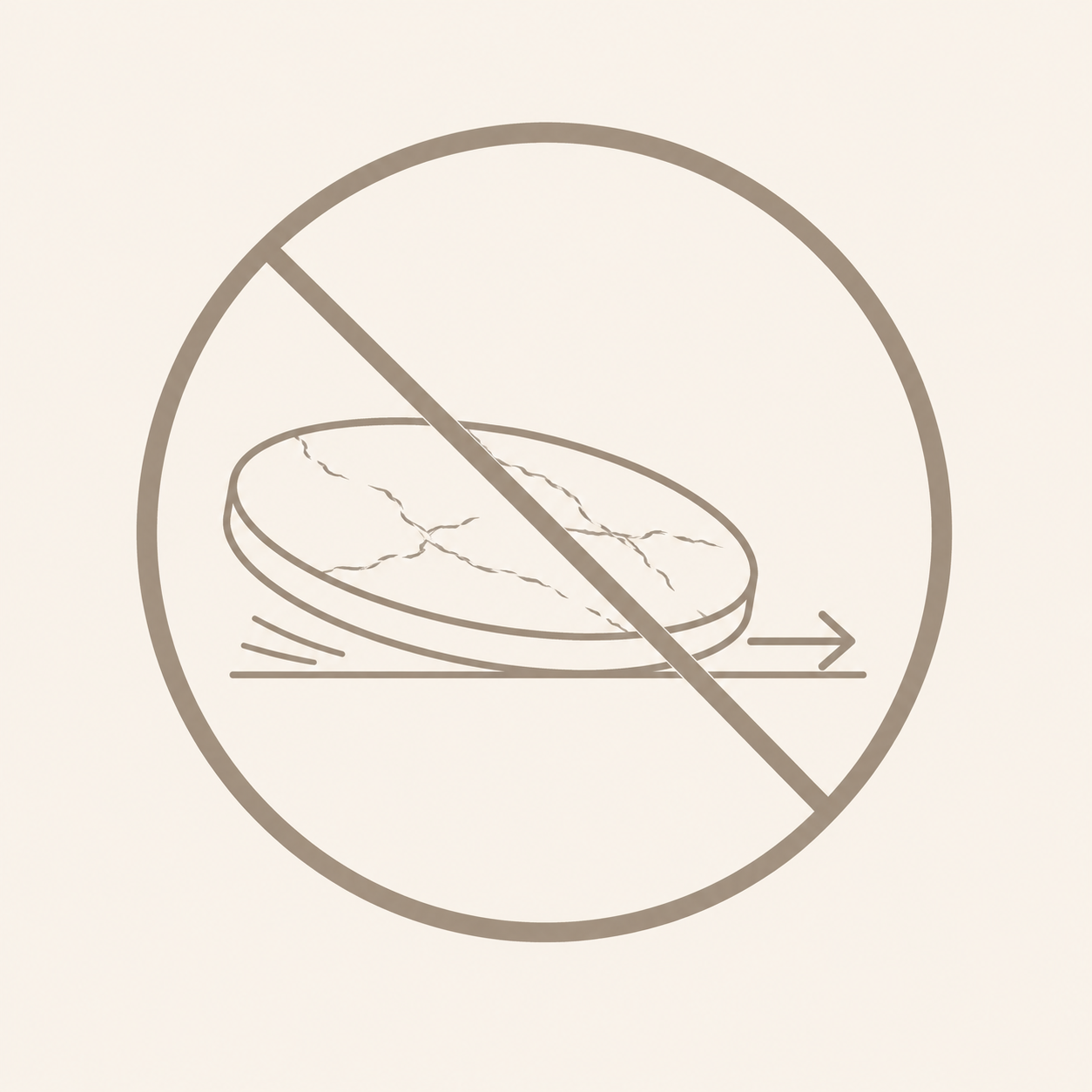 Minimal line icon of a stone tabletop with a prohibition symbol and drag arrow, representing do not drag stone parts during assembly.