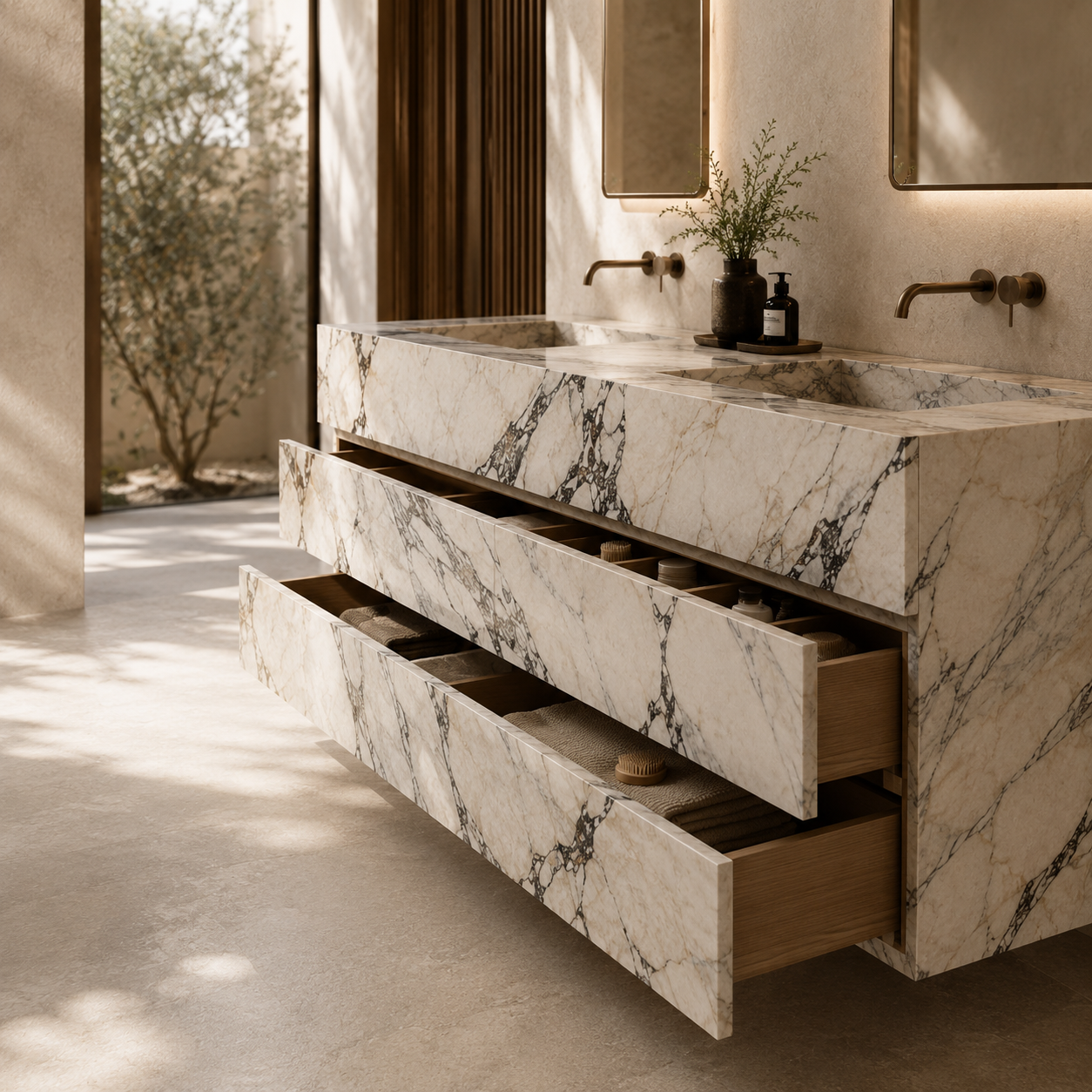 Natural stone vanity with practical drawer storage by OIXDESIGN