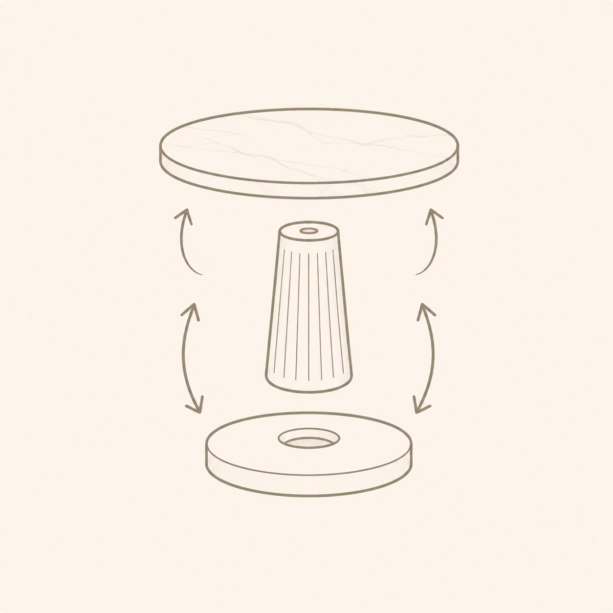 Minimal line icon showing separated natural stone table components, representing easier movement and modular handling.