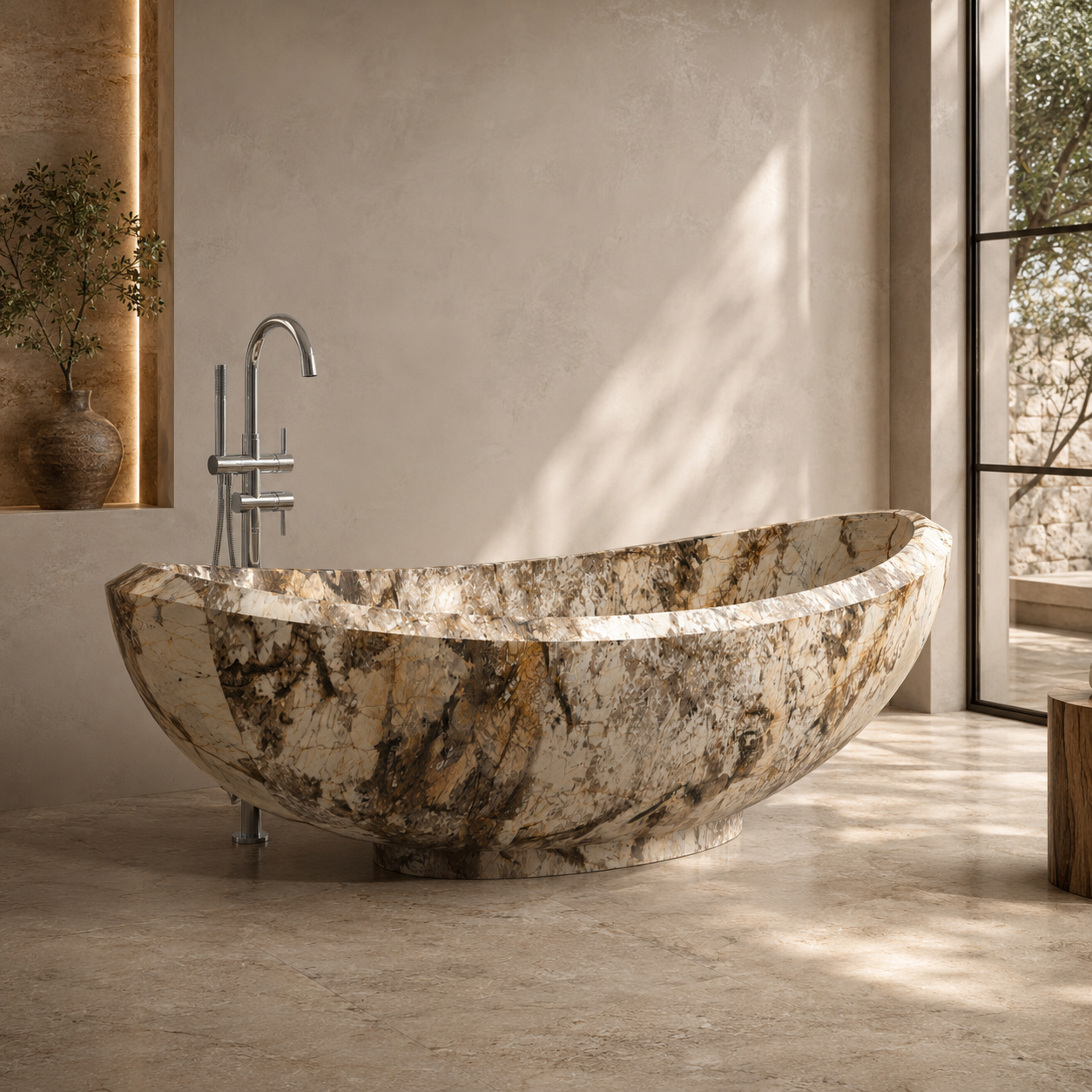Sculptural marble bathtub in a modern minimalist bathroom interior by OIXDESIGN.