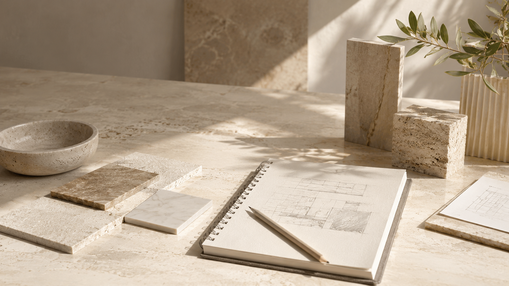 Warm natural stone design workspace with samples and sketchbook for the OIXDESIGN FAQs page.