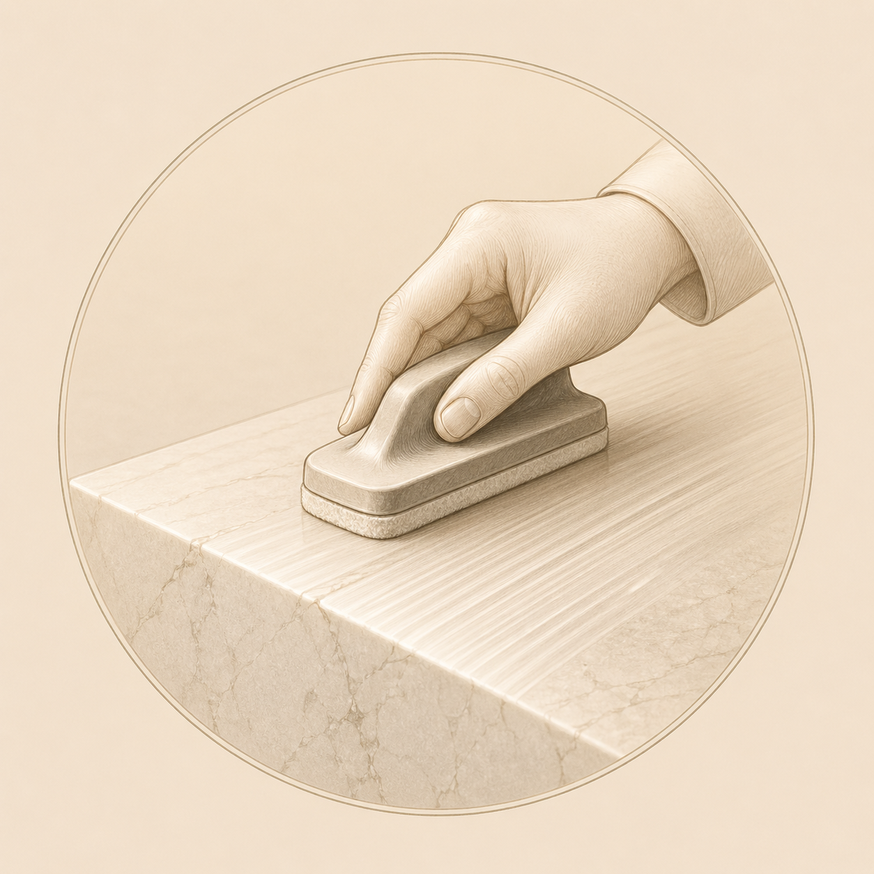 Minimal icon of a hand polishing a marble surface representing finish direction at OIXDESIGN