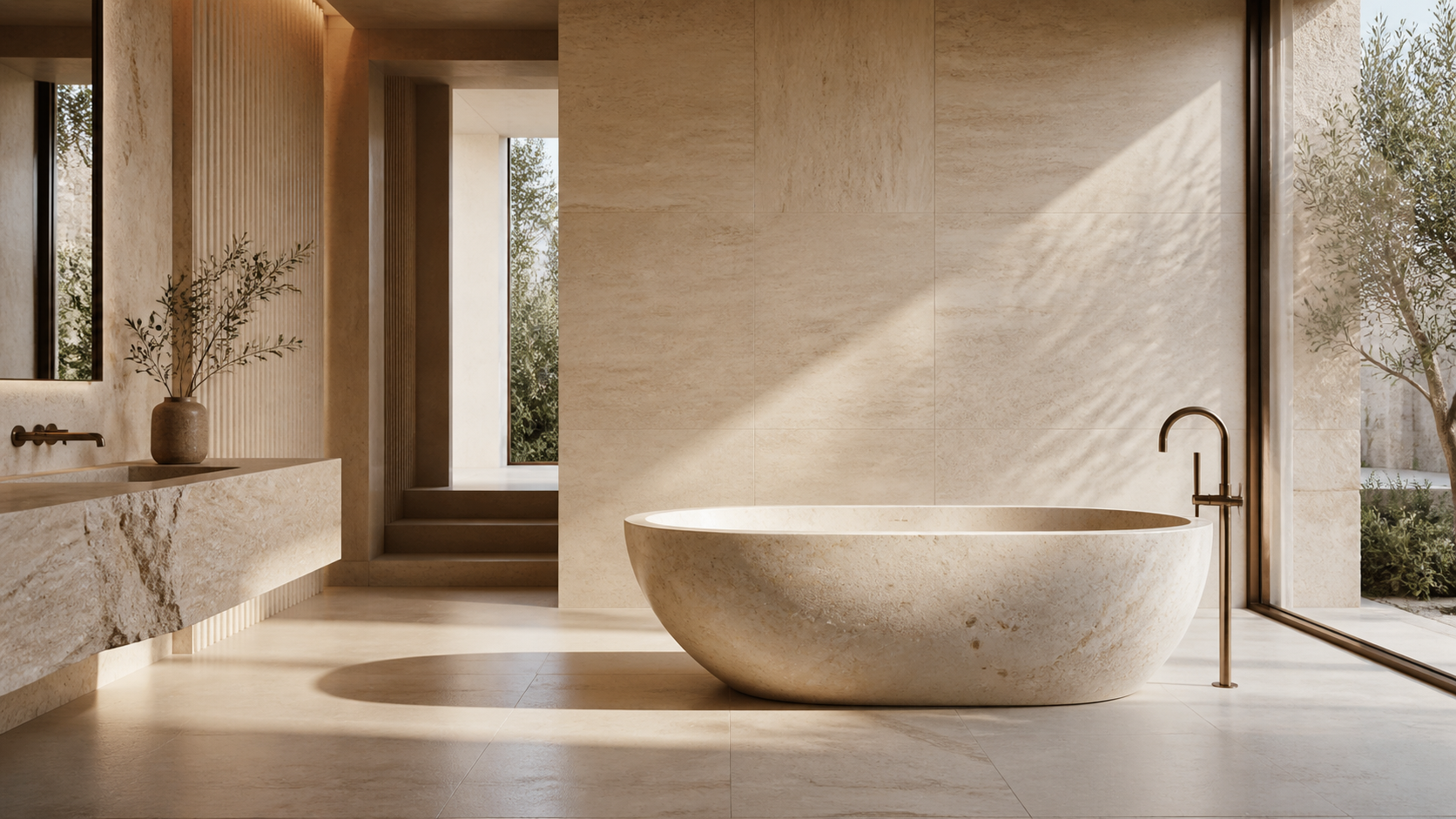 Warm travertine bathroom with a sculptural stone bathtub and integrated vanity showing a custom-friendly material-led design approach