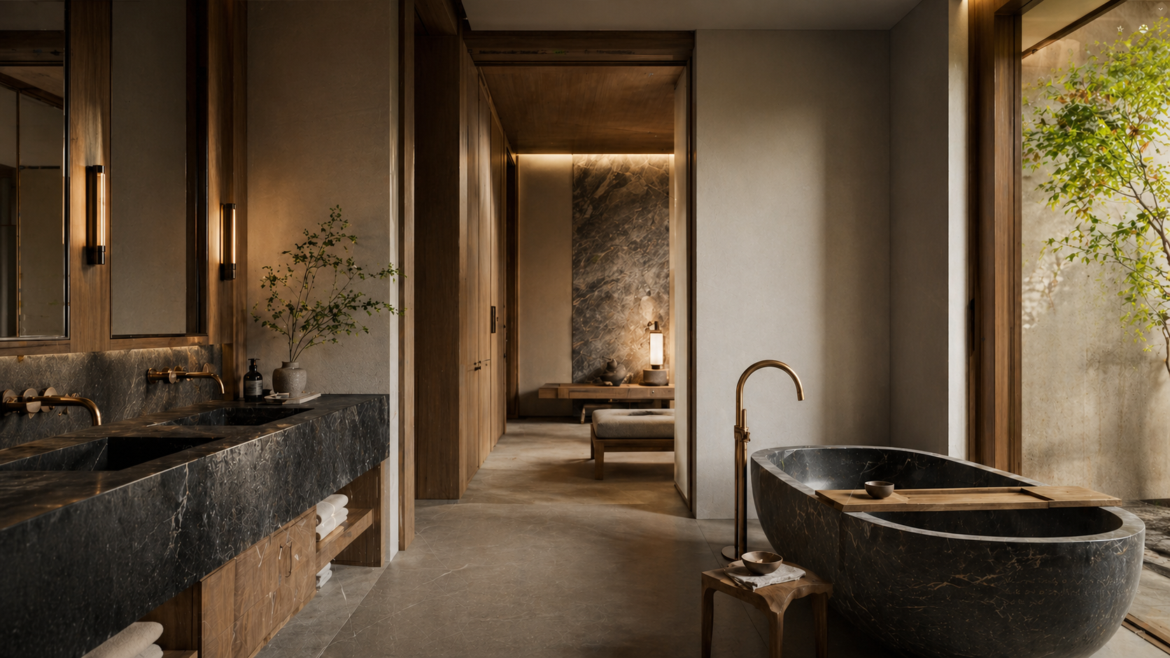 OIXDESIGN designer-led natural stone bath interior with stone basins and bathtub in a warm architectural space