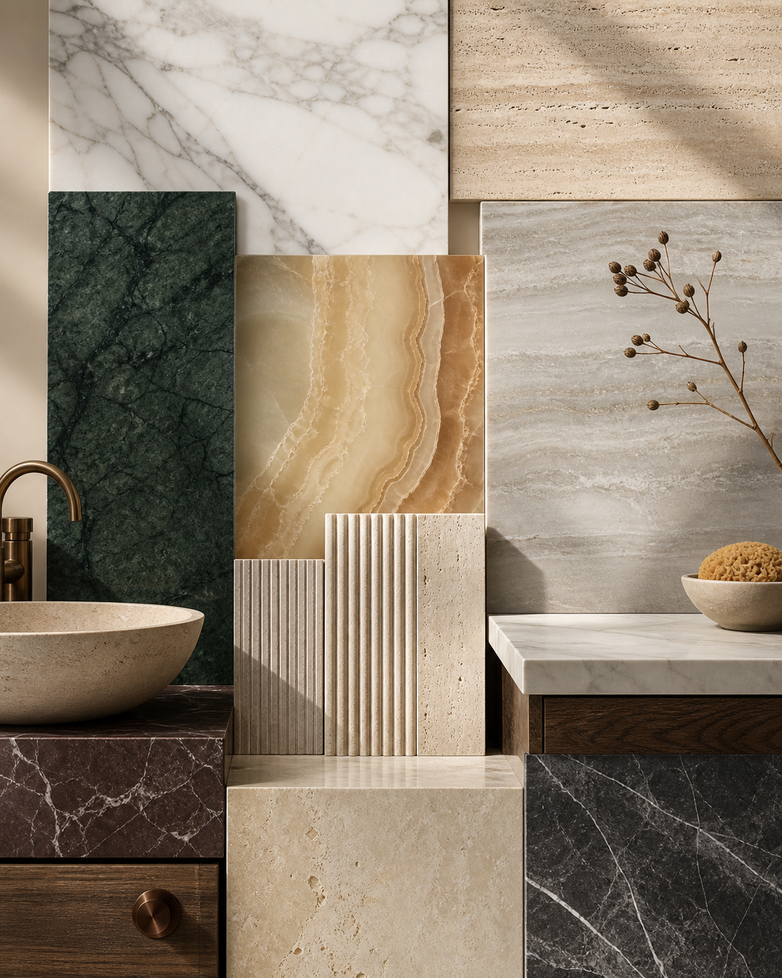 Curated natural stone material collage showing selected applications across furniture and bath for designers