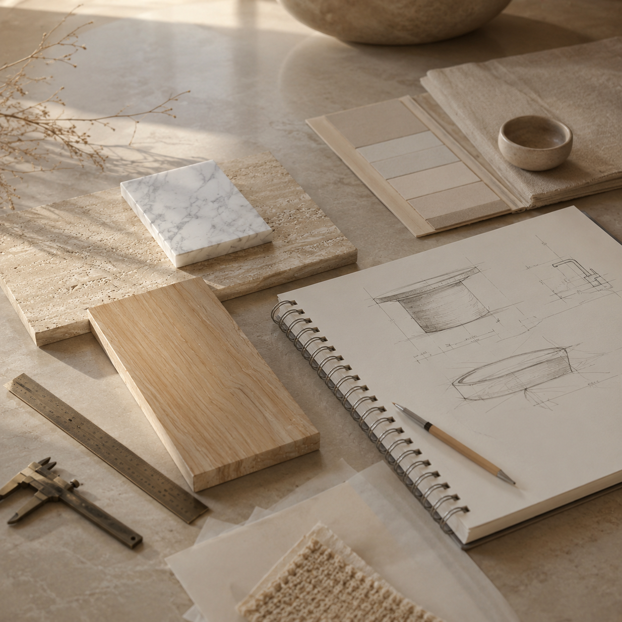 Stone samples, design sketches, and project planning workspace for designers working on custom natural stone interiors