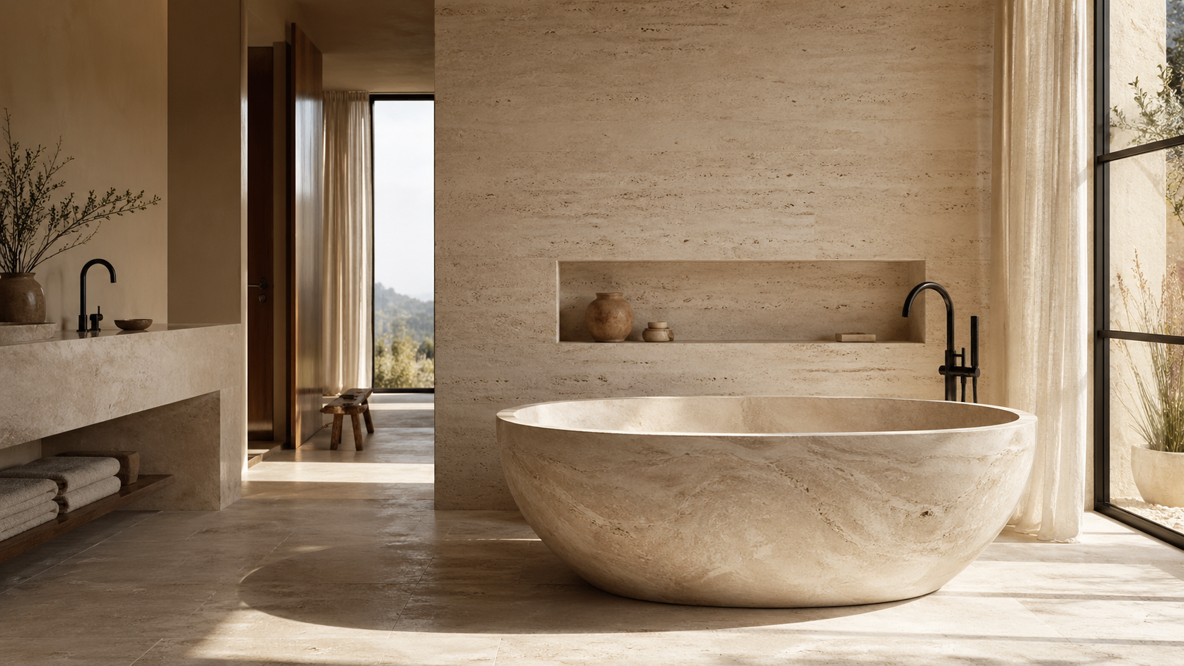 OIXDESIGN freestanding natural stone bathtub in a warm travertine luxury bathroom with soft natural light