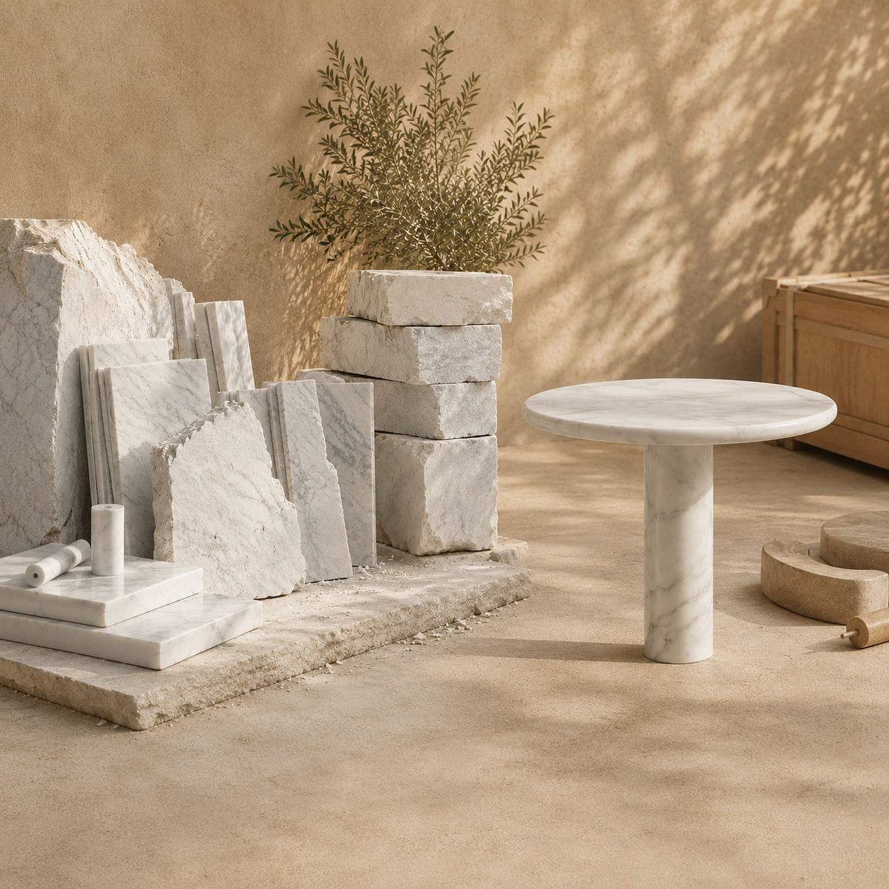  Raw natural stone blocks and a finished marble table shown together to illustrate the journey from stone material to refined home furniture