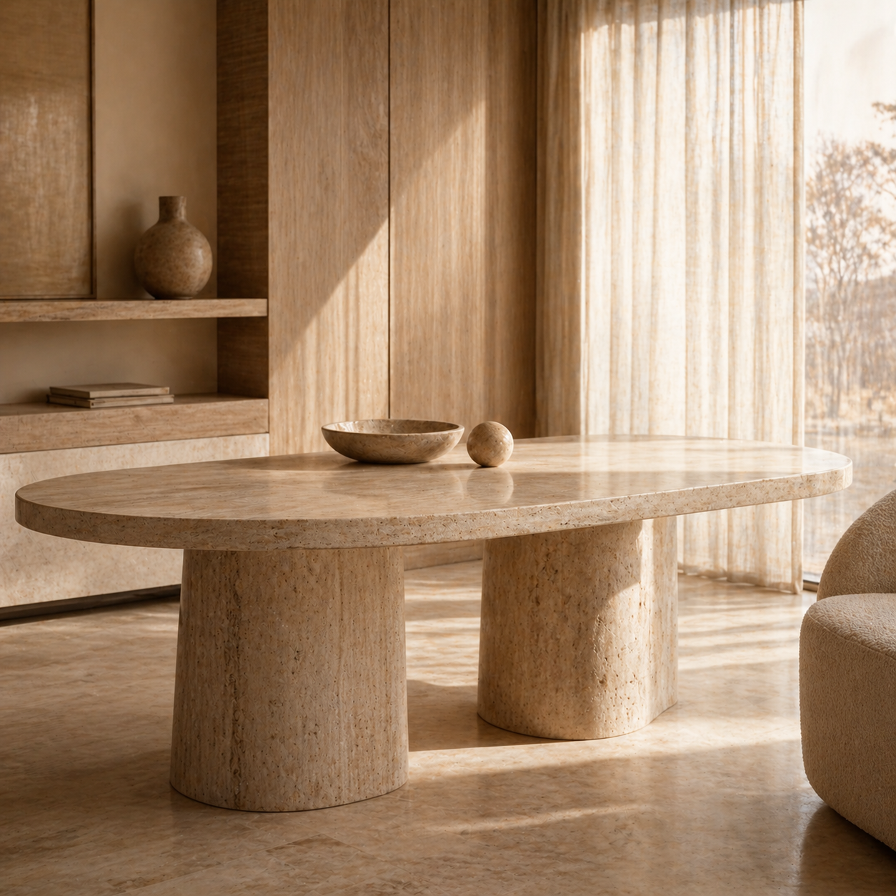 Sculptural travertine or marble table in a refined interior for luxury natural stone furniture projects