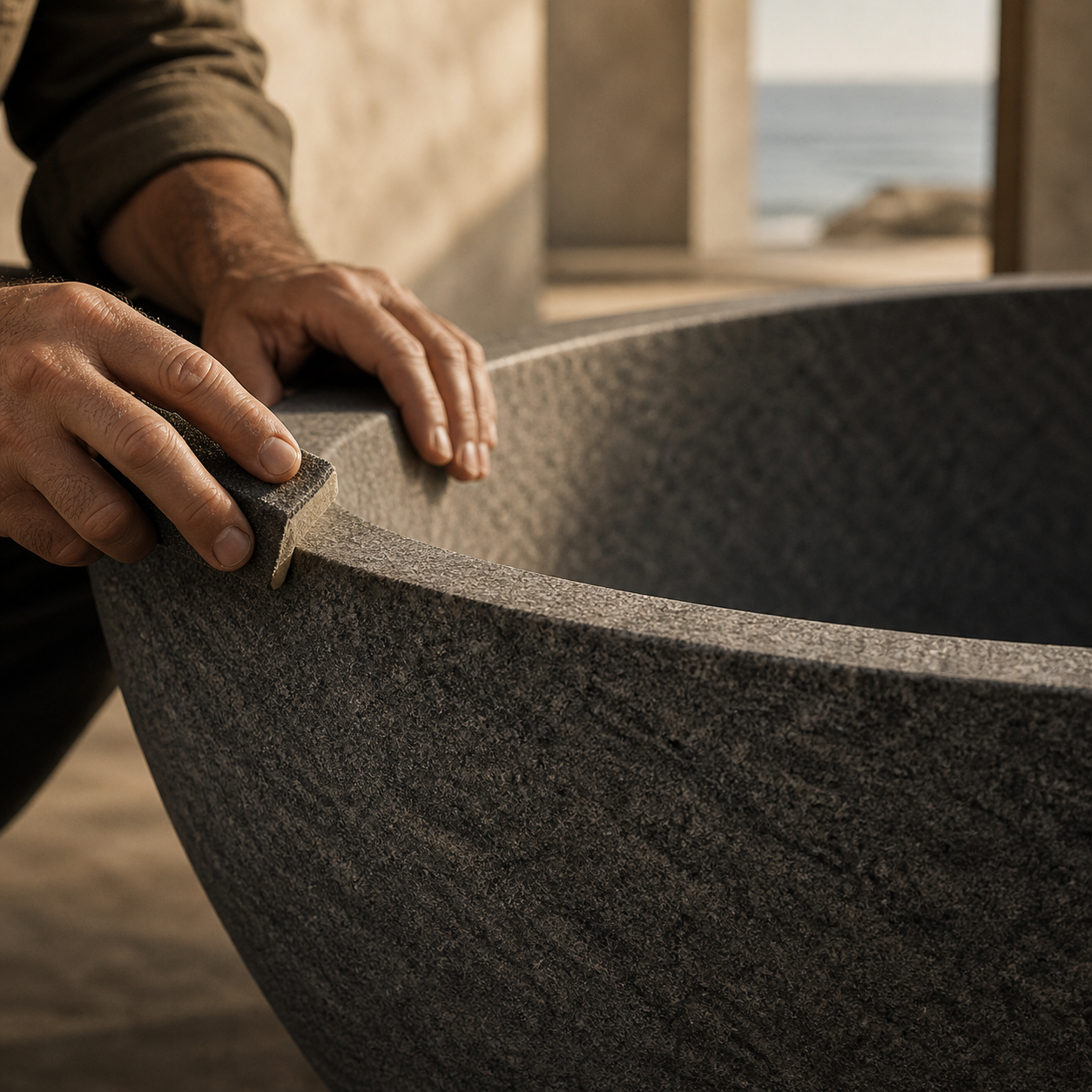 Hand finishing process for a custom granite bathtub by OIXDESIGN