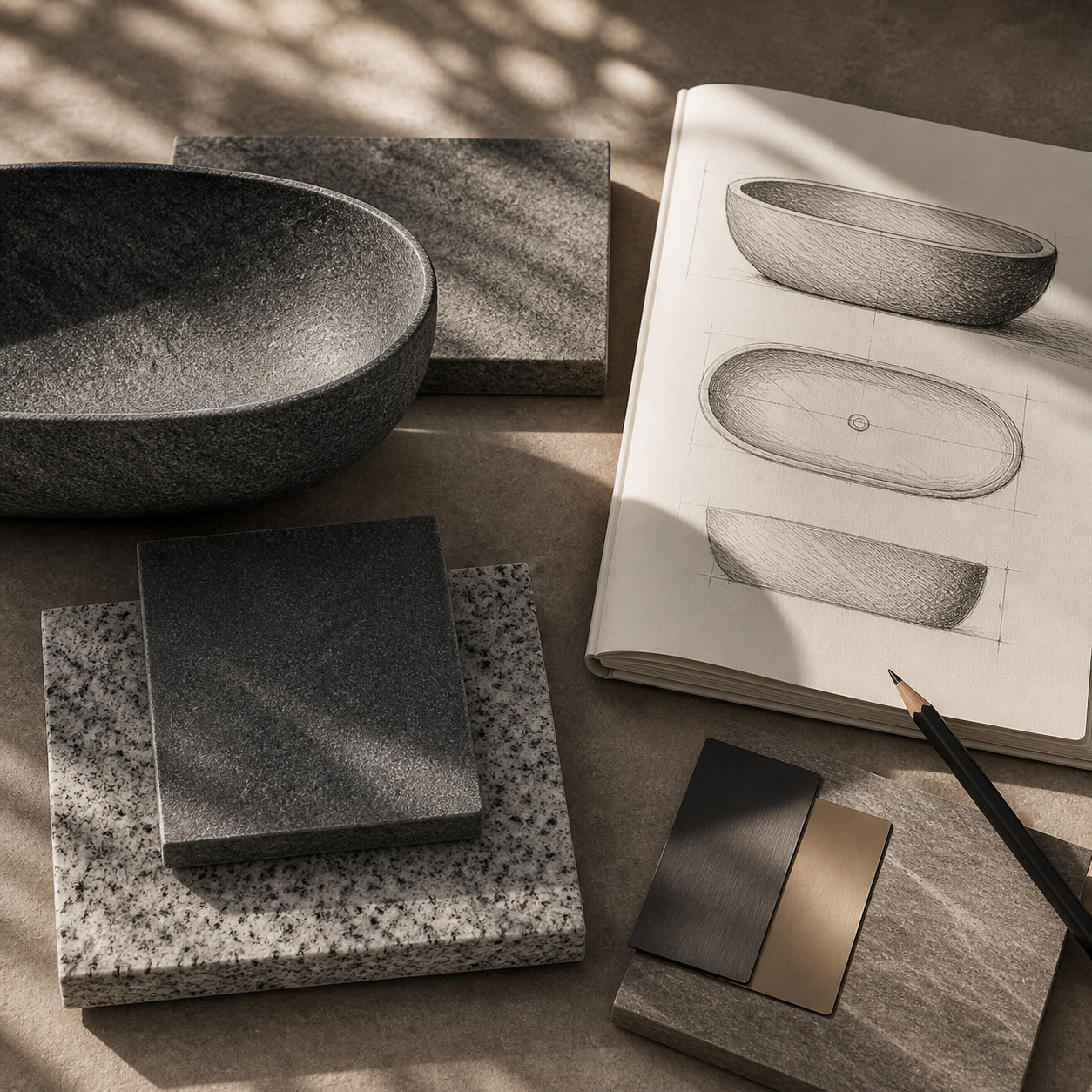 Granite bathtub materials and finishes moodboard with stone samples and sketches