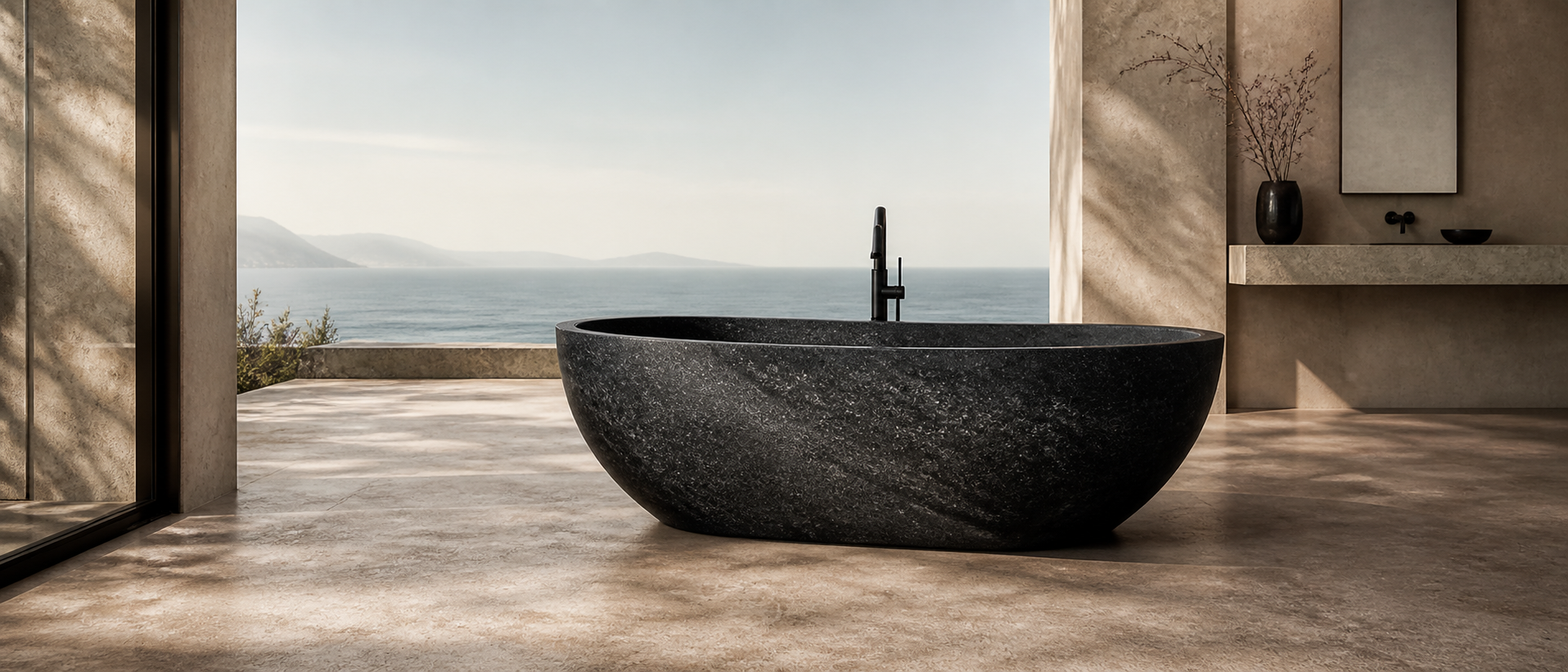 Outdoor granite bathtub in a refined spa-like bath space