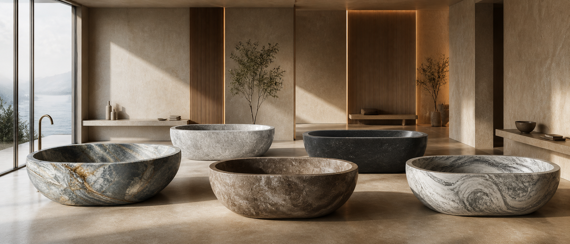 Granite bathtubs in multiple natural stone colors displayed in a warm minimalist spa bathroom