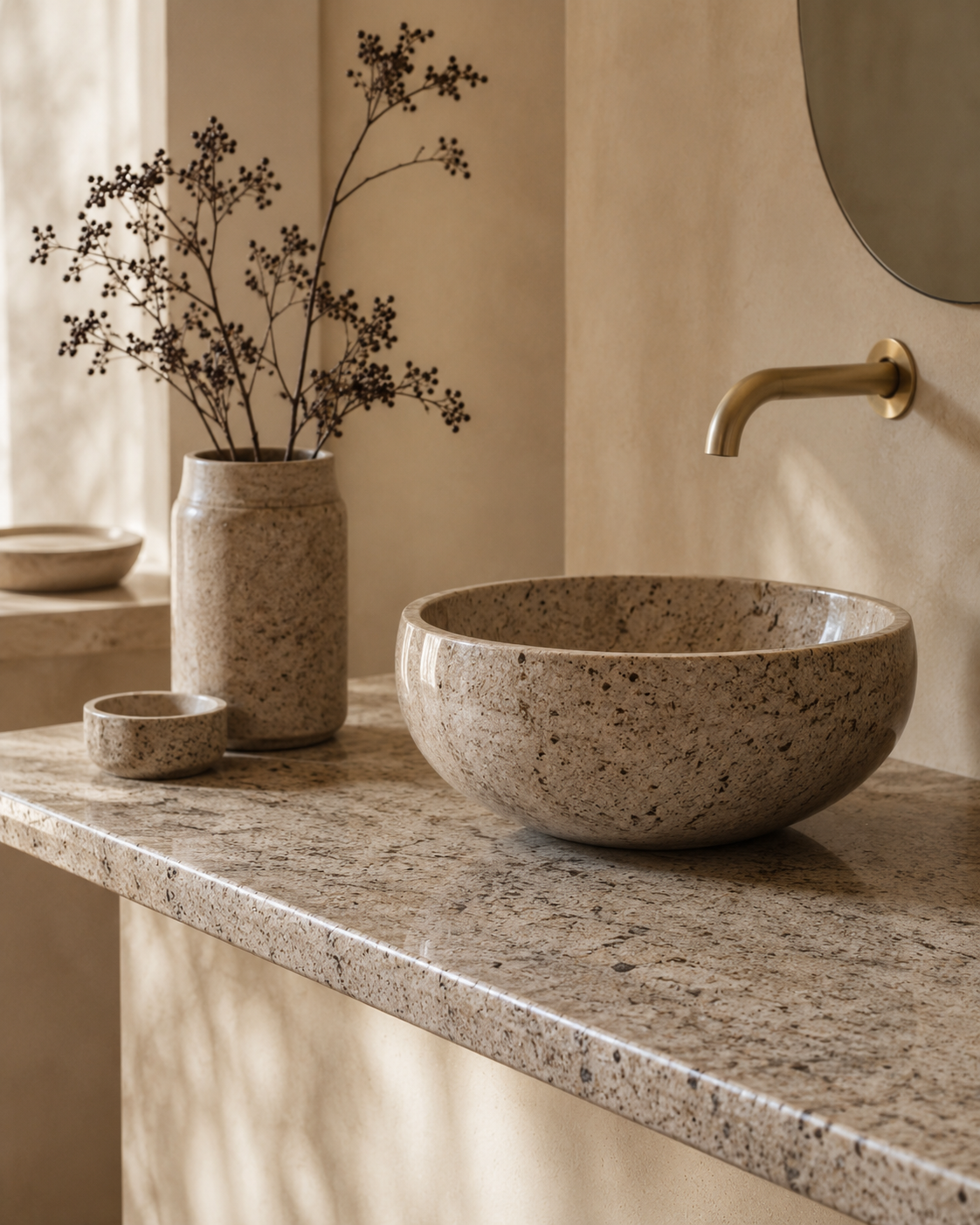 Speckled natural stone vanity with a round vessel sink and brass faucet, illustrating proper granite care.