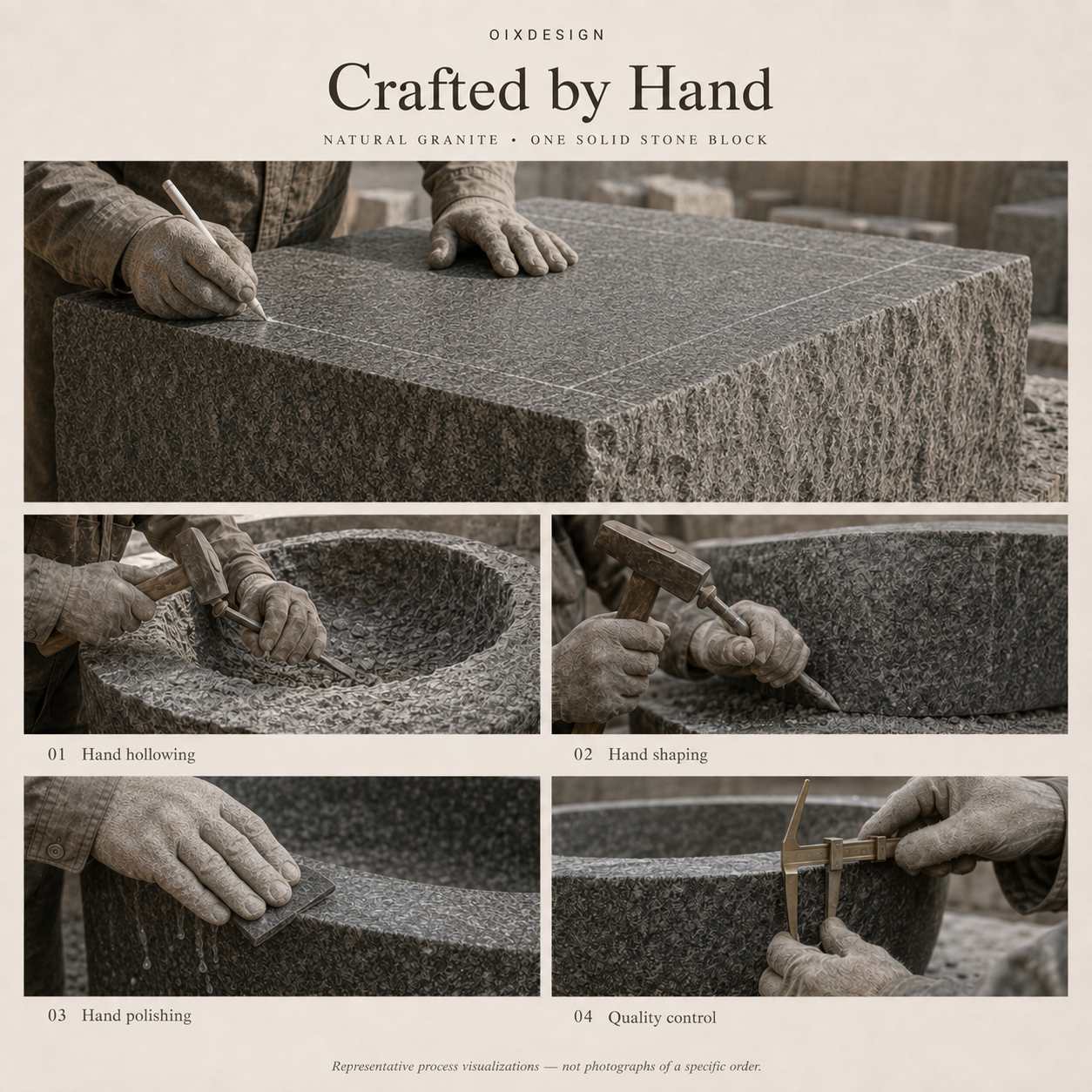 OIXDESIGN granite craftsmanship representative visualizations showing solid block selection, manual hand hollowing, hand shaping, hand polishing and quality control; not a specific order