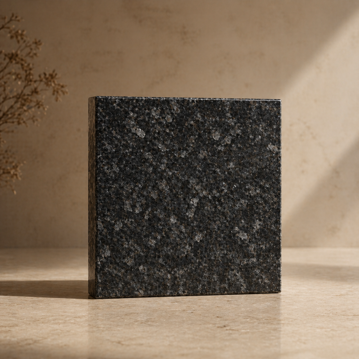Dark granite stone sample with dense mineral speckling and polished surface
