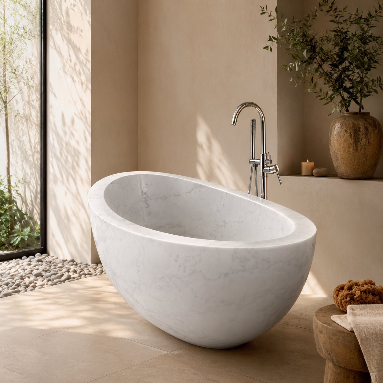Hand-carved natural stone bathtub styled in a serene spa-inspired luxury bathroom by OIXDESIGN.