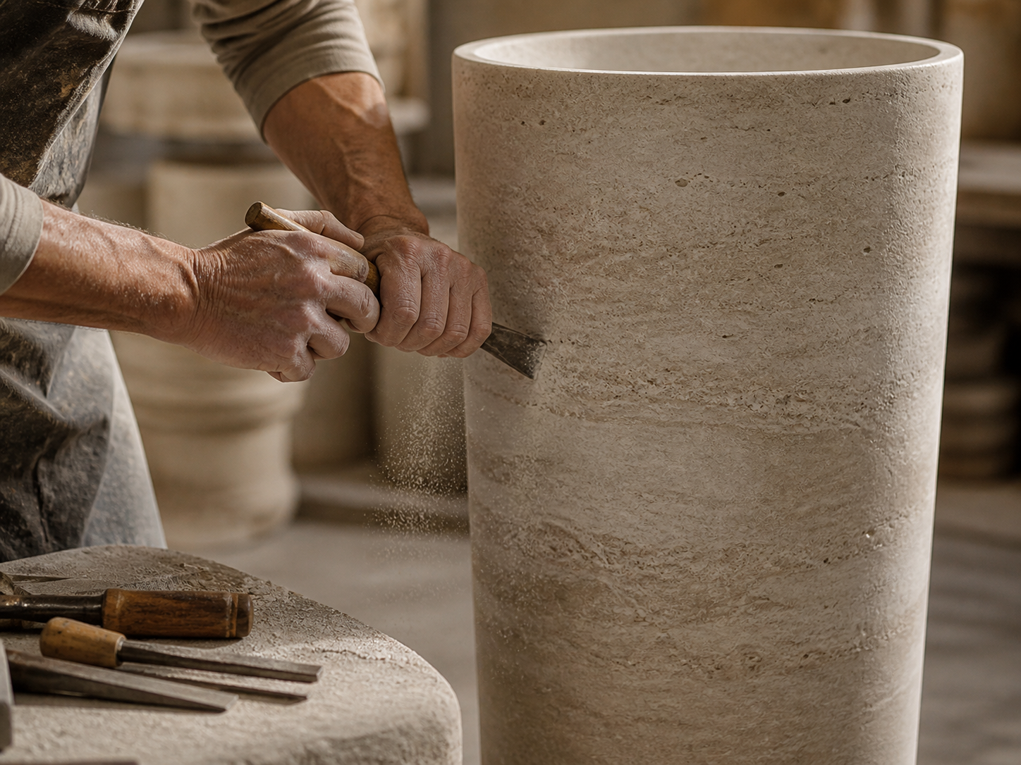 Artisan hand carving a natural stone pedestal sink to shape its freestanding sculptural form