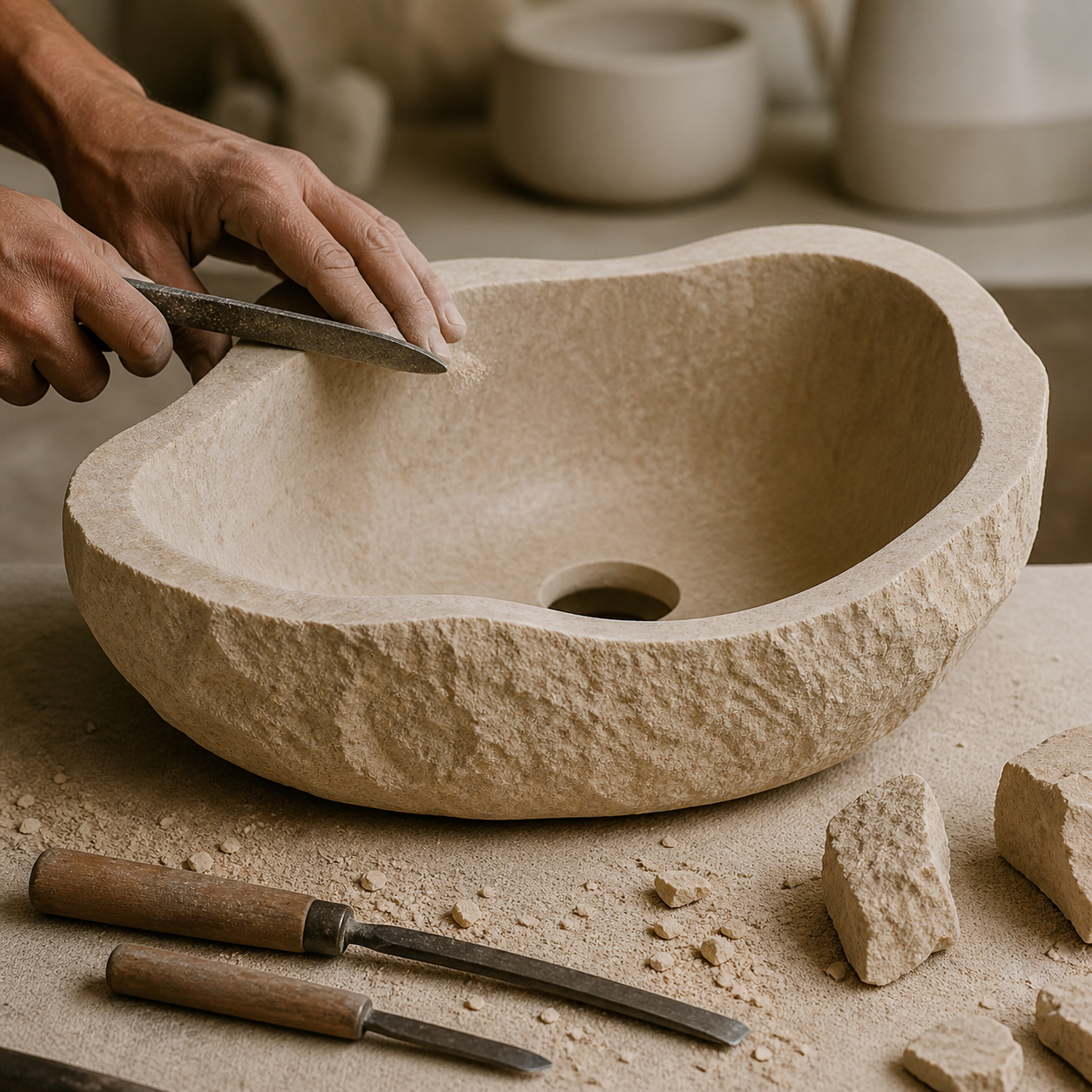 Hand-finished stone vessel sink with shaping tools and template showing natural stone craftsmanship