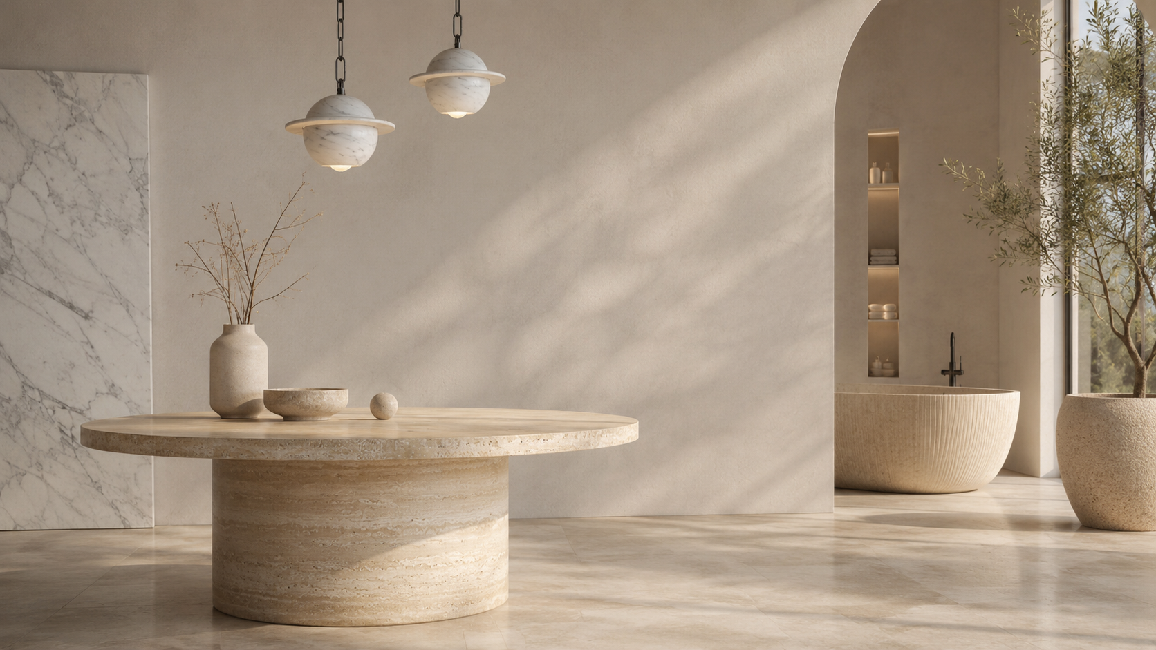 Solid natural stone table in a warm modern interior, representing OIXDESIGN stone furniture, bath pieces, and custom stone solutions.