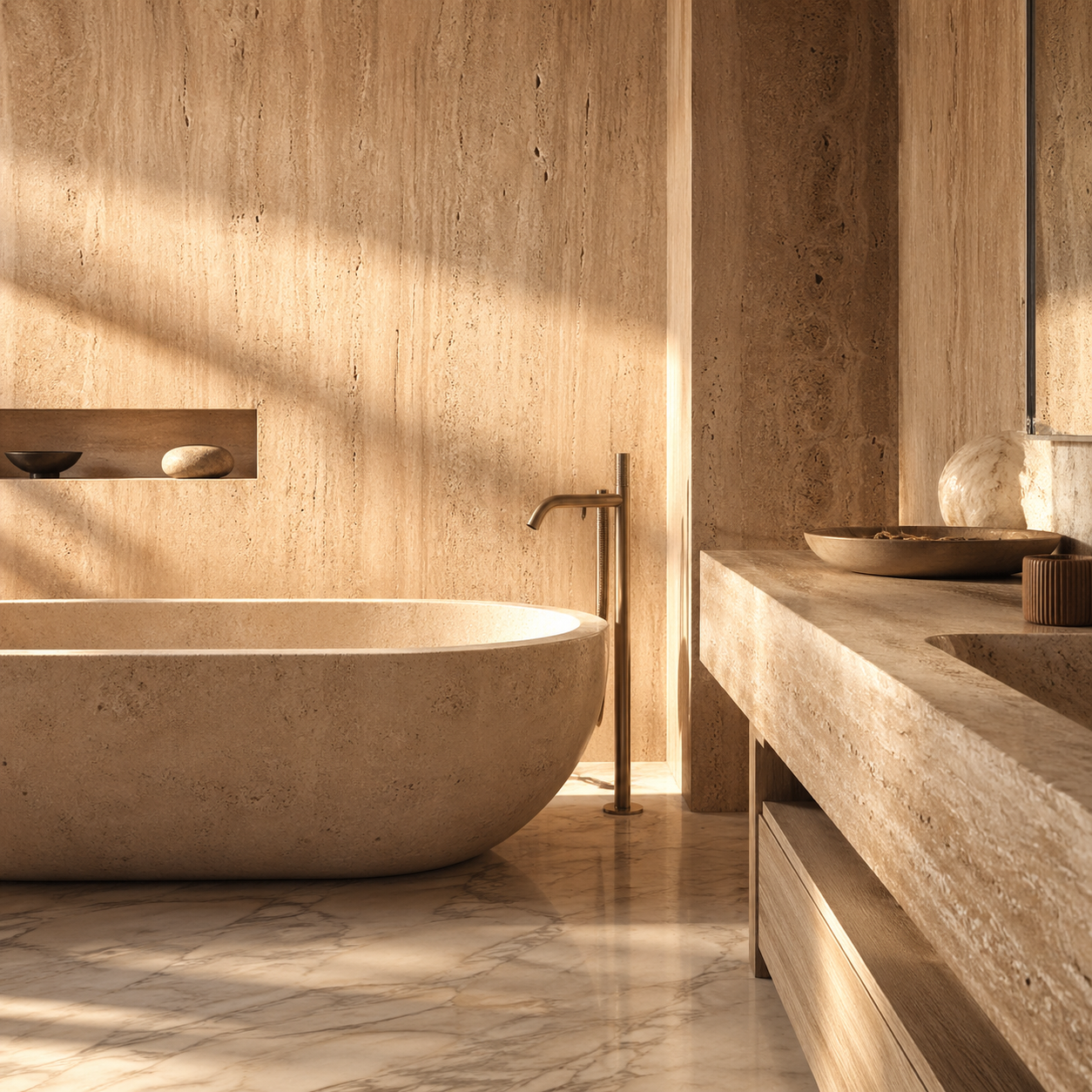 Luxury travertine stone bathtub and integrated vanity in a refined hospitality bathroom project by OIXDESIGN