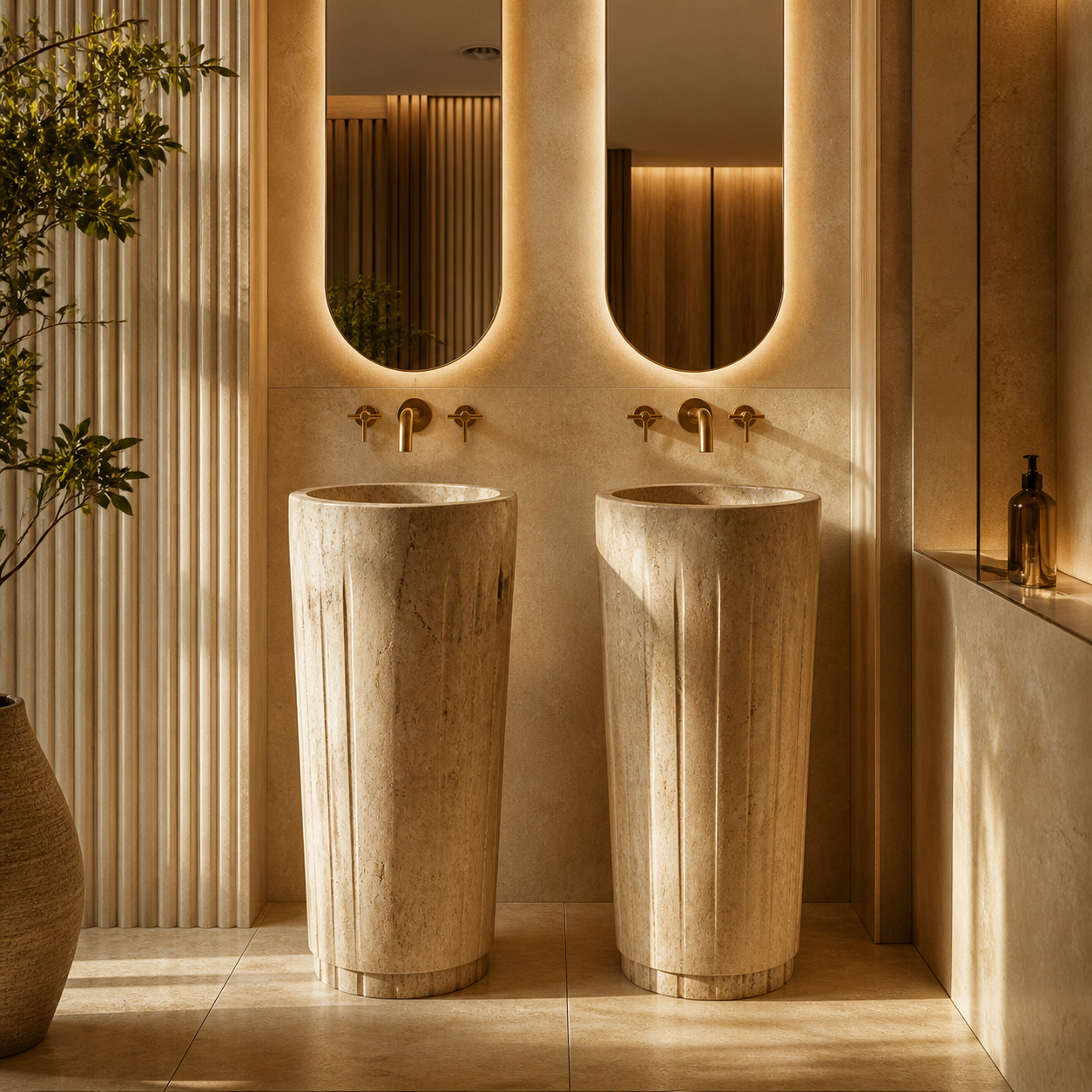 Boutique hospitality bathroom with double natural stone pedestal sinks, brass faucets, and warm architectural lighting