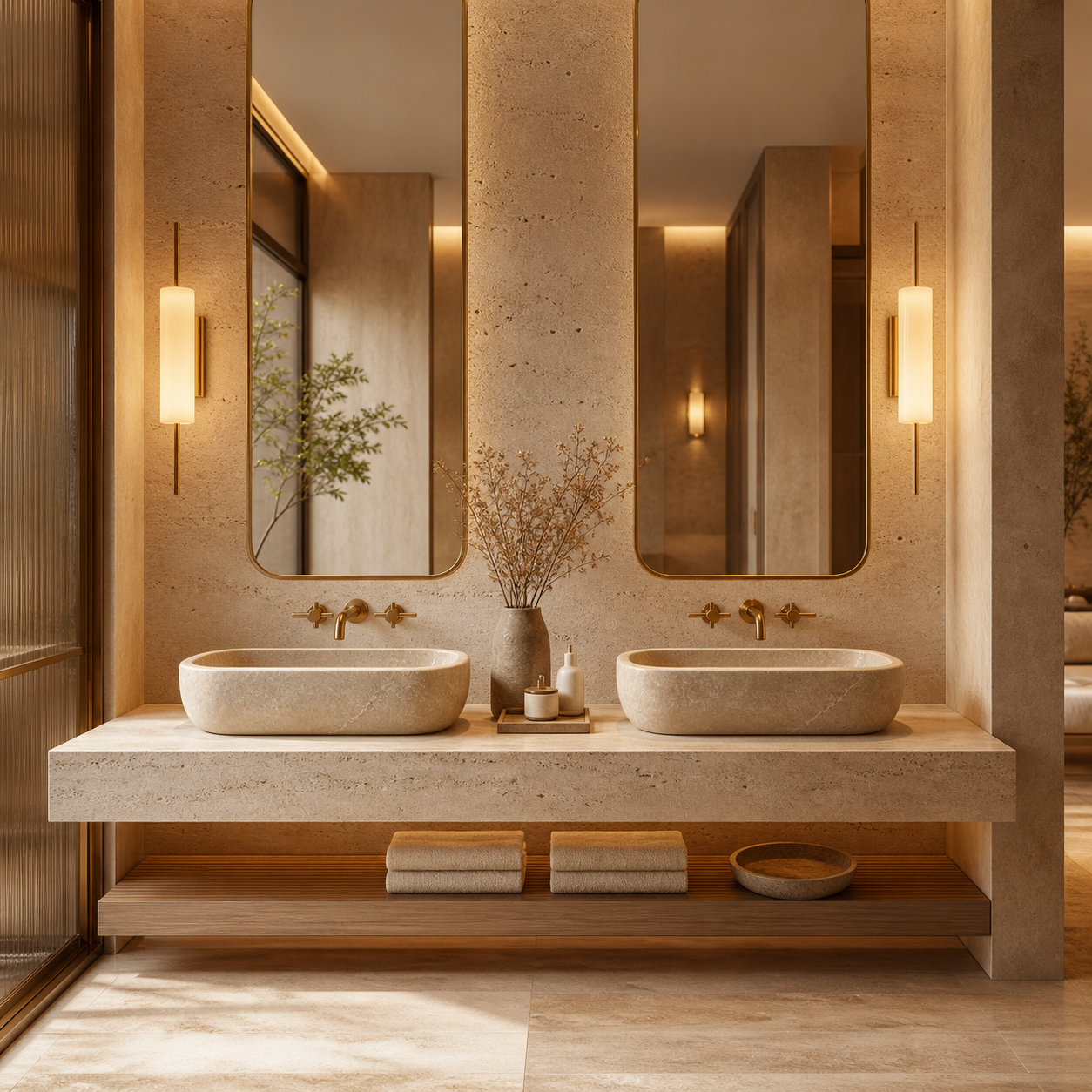 Boutique hospitality bathroom with double natural stone rectangular vessel sinks and warm architectural lighting