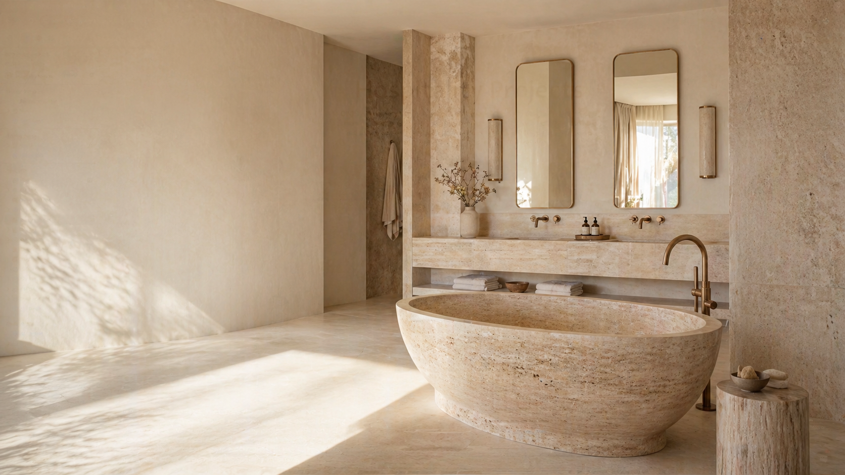 Luxury natural stone bathroom for OIXDESIGN hospitality projects with twin stone sinks, warm wood tones, and boutique resort ambiance