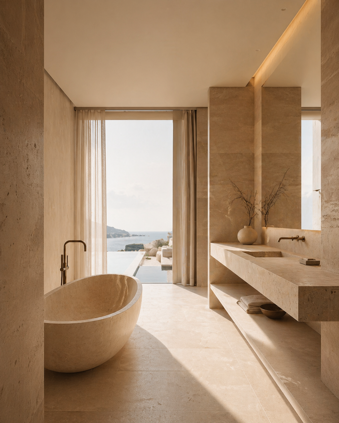 Luxury hospitality project bathroom by OIXDESIGN featuring a freestanding stone bathtub, natural stone interior, and ocean view