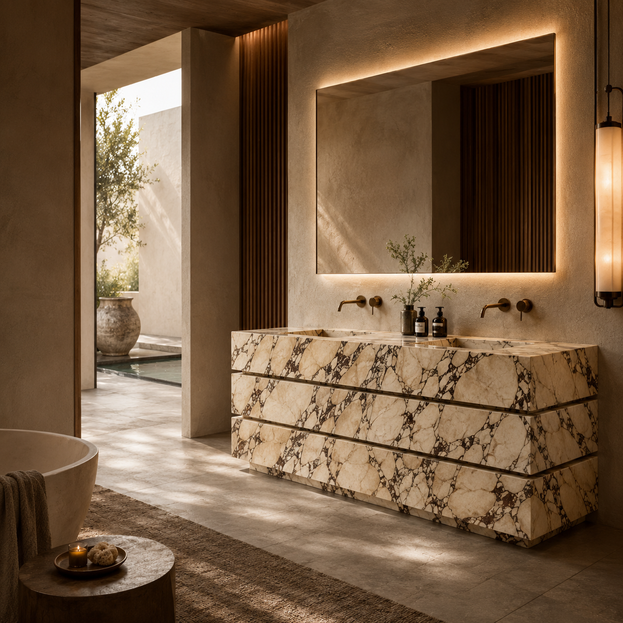Luxury hospitality bathroom project featuring natural stone design by OIXDESIGN