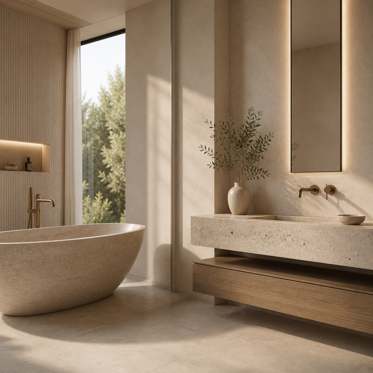 OIXDESIGN hospitality project bathroom with natural stone bathtub and refined interior setting
