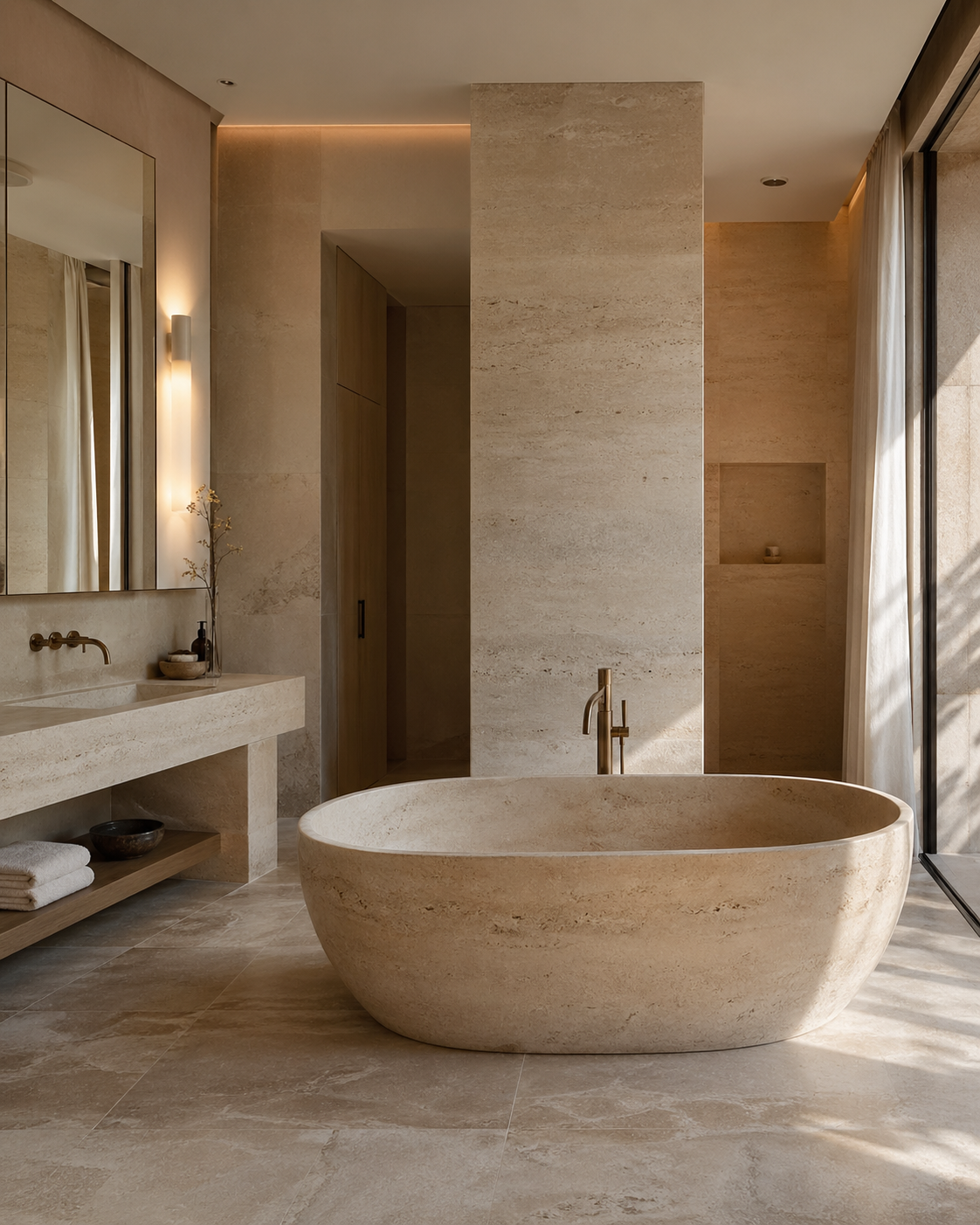 OIXDESIGN hospitality projects stone bath space with a freestanding natural stone bathtub and refined minimalist interior