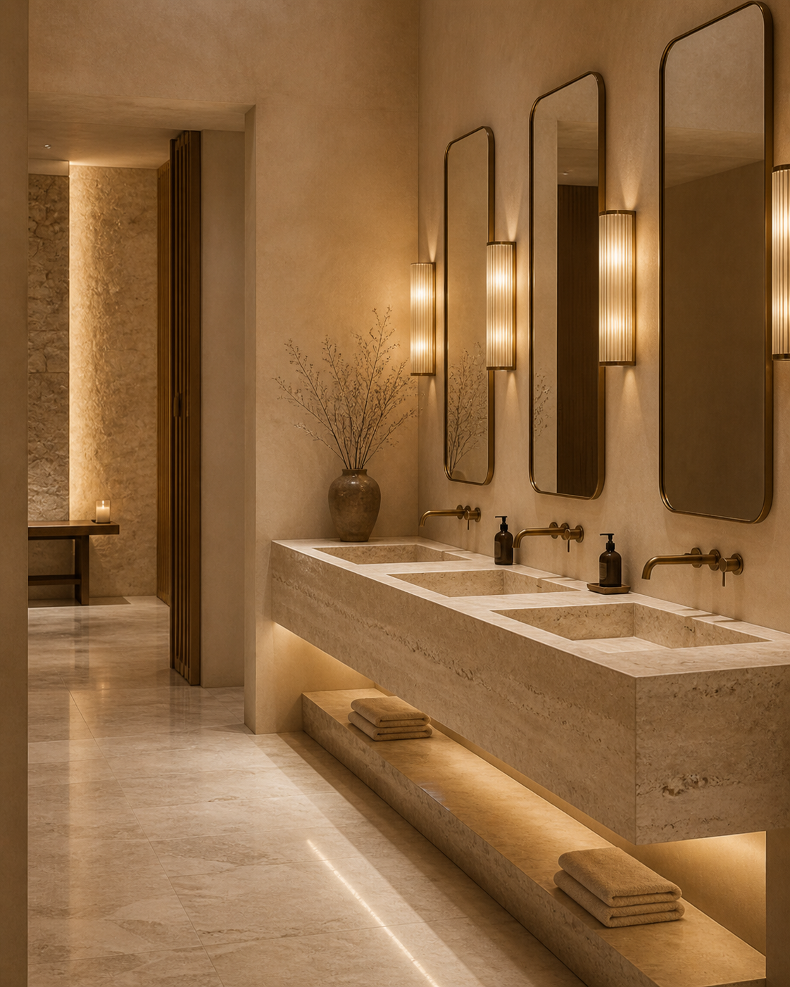Hospitality bathroom project with multiple integrated stone sinks and warm architectural lighting