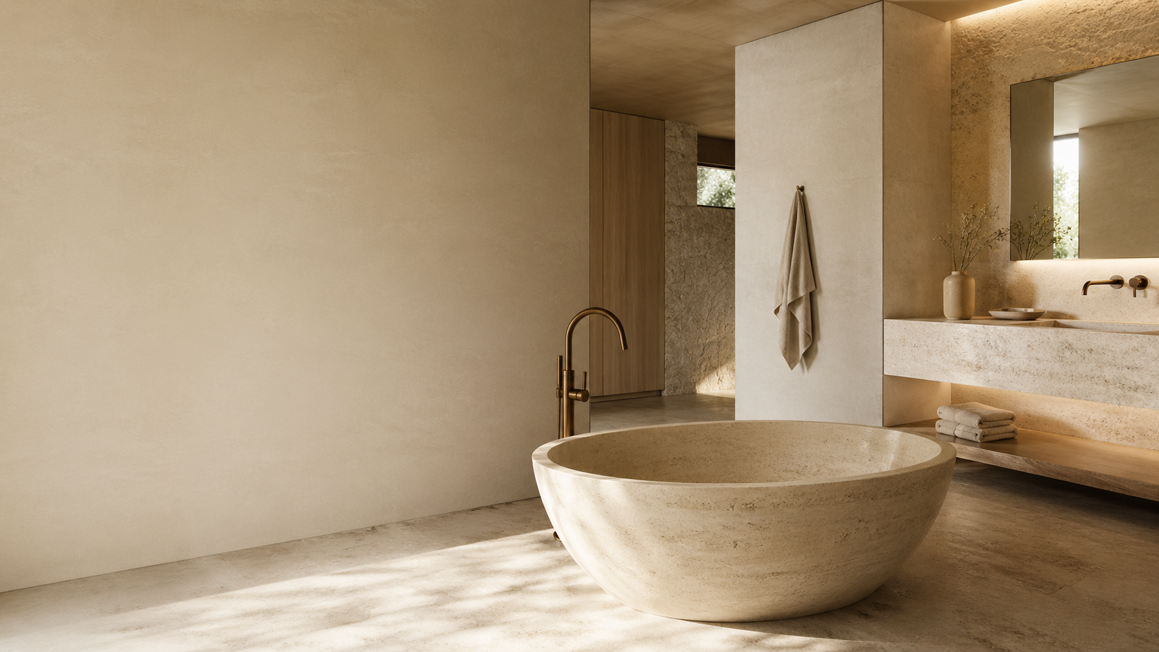 Natural stone sinks and freestanding stone bathtub in a luxury hospitality bathroom for resort and boutique hotel projects by OIXDESIGN