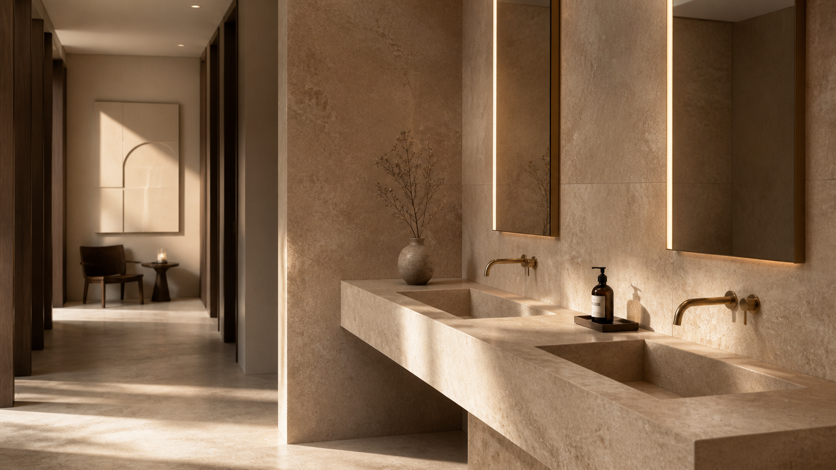 Integrated natural stone basins in a warm hospitality bathroom with travertine walls and brass fixtures