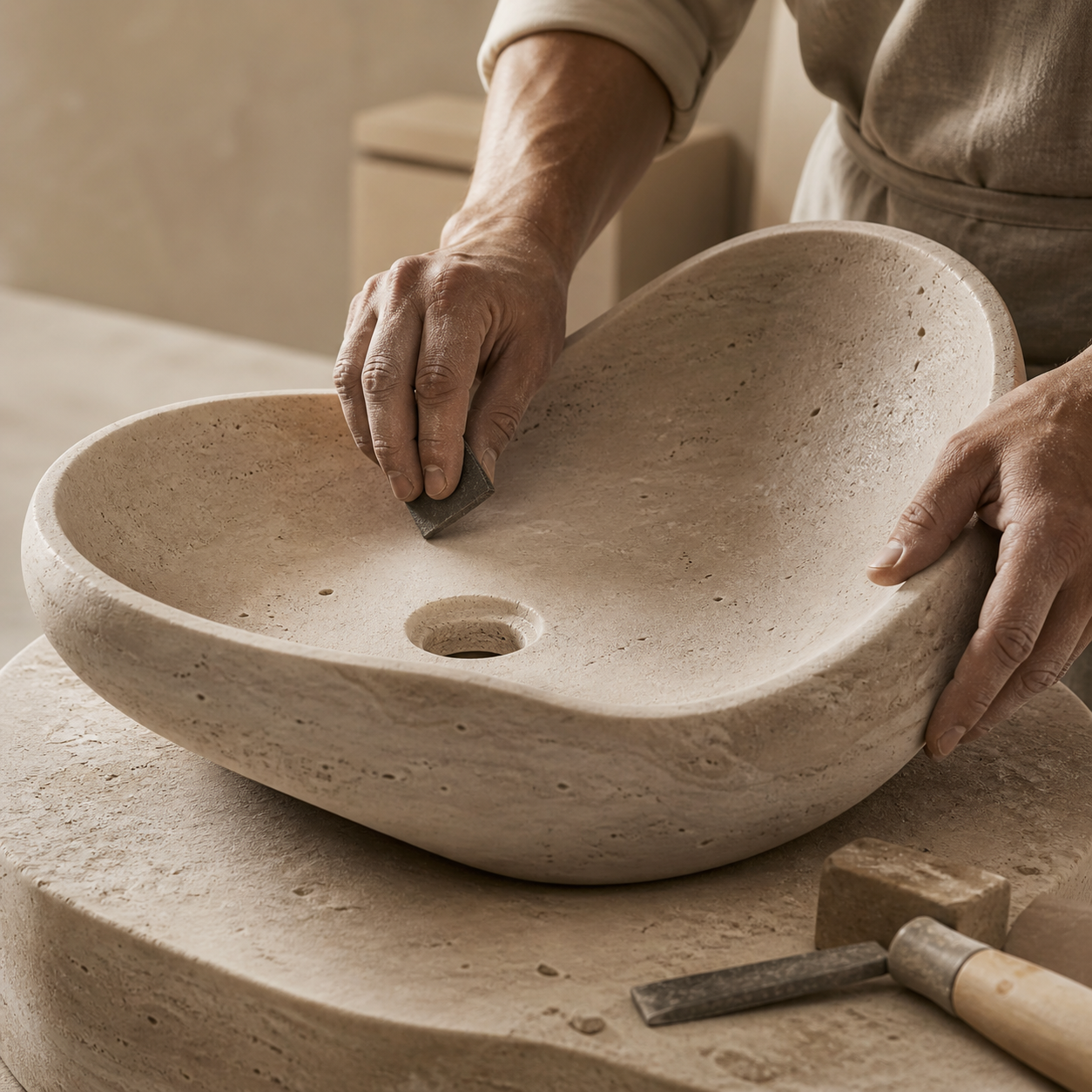 A hand is shaping a sculptural stone vessel sink representing complex handcrafted forms