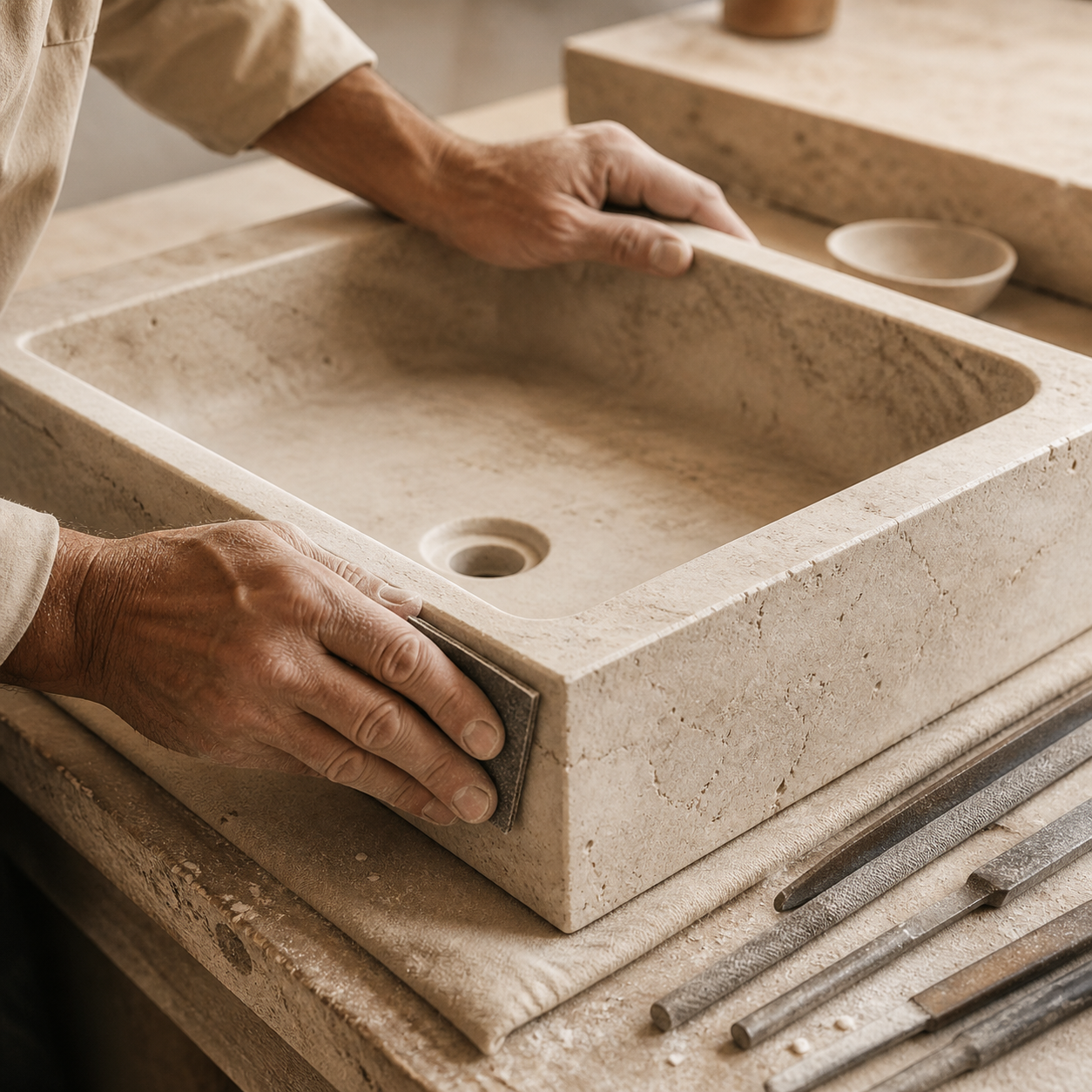 A hand is shaping a sculptural stone vessel sink representing complex handcrafted forms