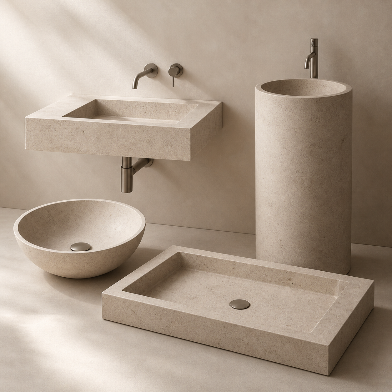 Multiple sink types including vessel, rectangular, and integrated sinks