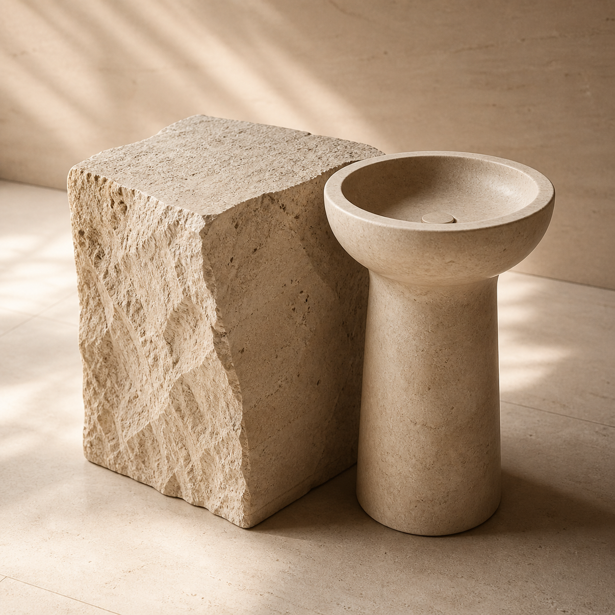 A stone block transformed into a pedestal sink