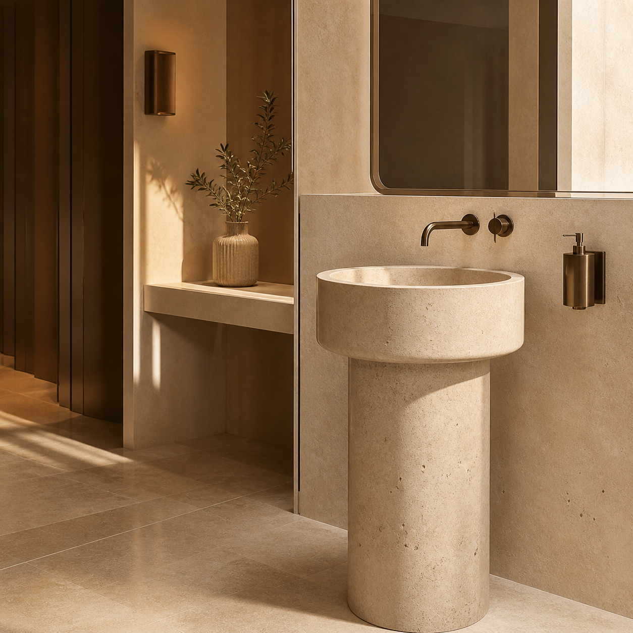 A pedestal sink with architectural plans and interior project elements