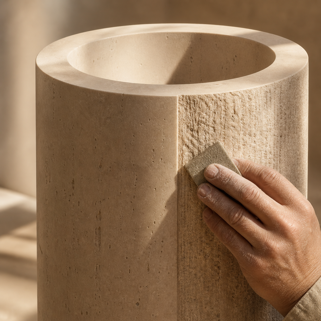 A hand is finishing different surface textures on a stone pedestal sink