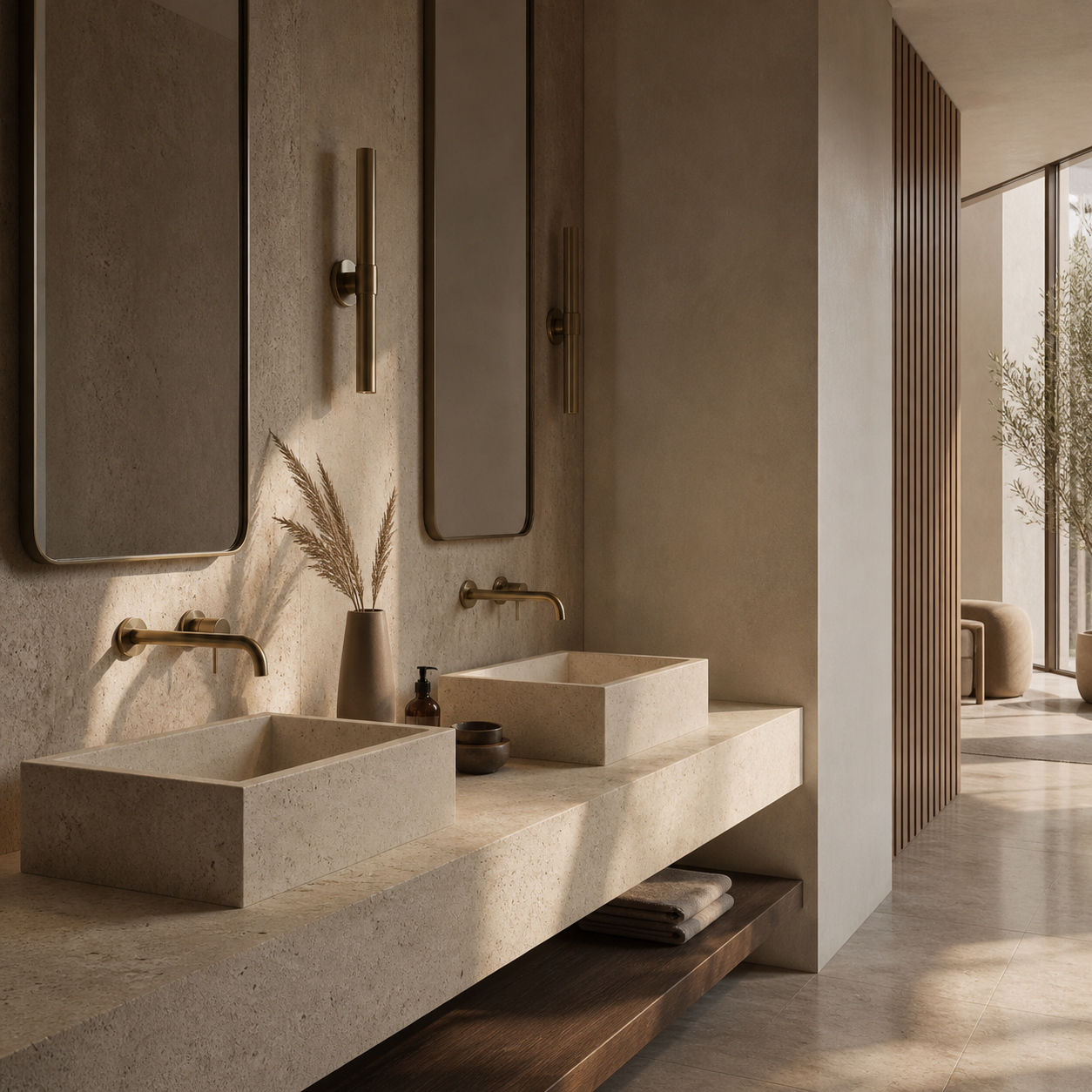 A bathroom with double sinks representing residential and project-ready solutions