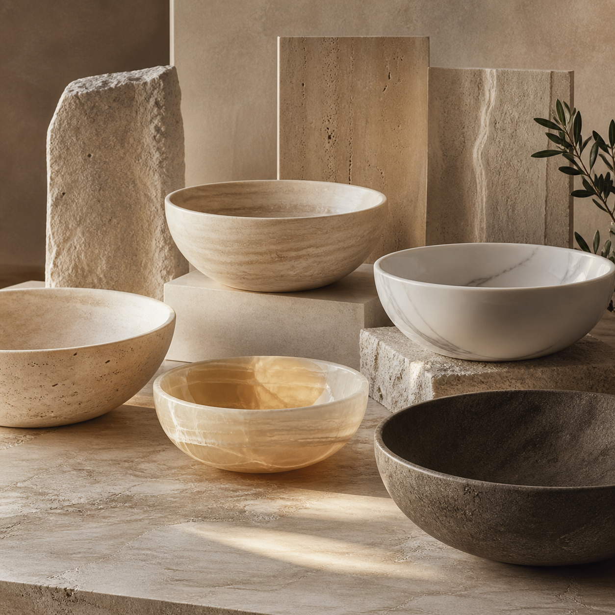 Natural stone samples and a vessel sink representing broad material selection