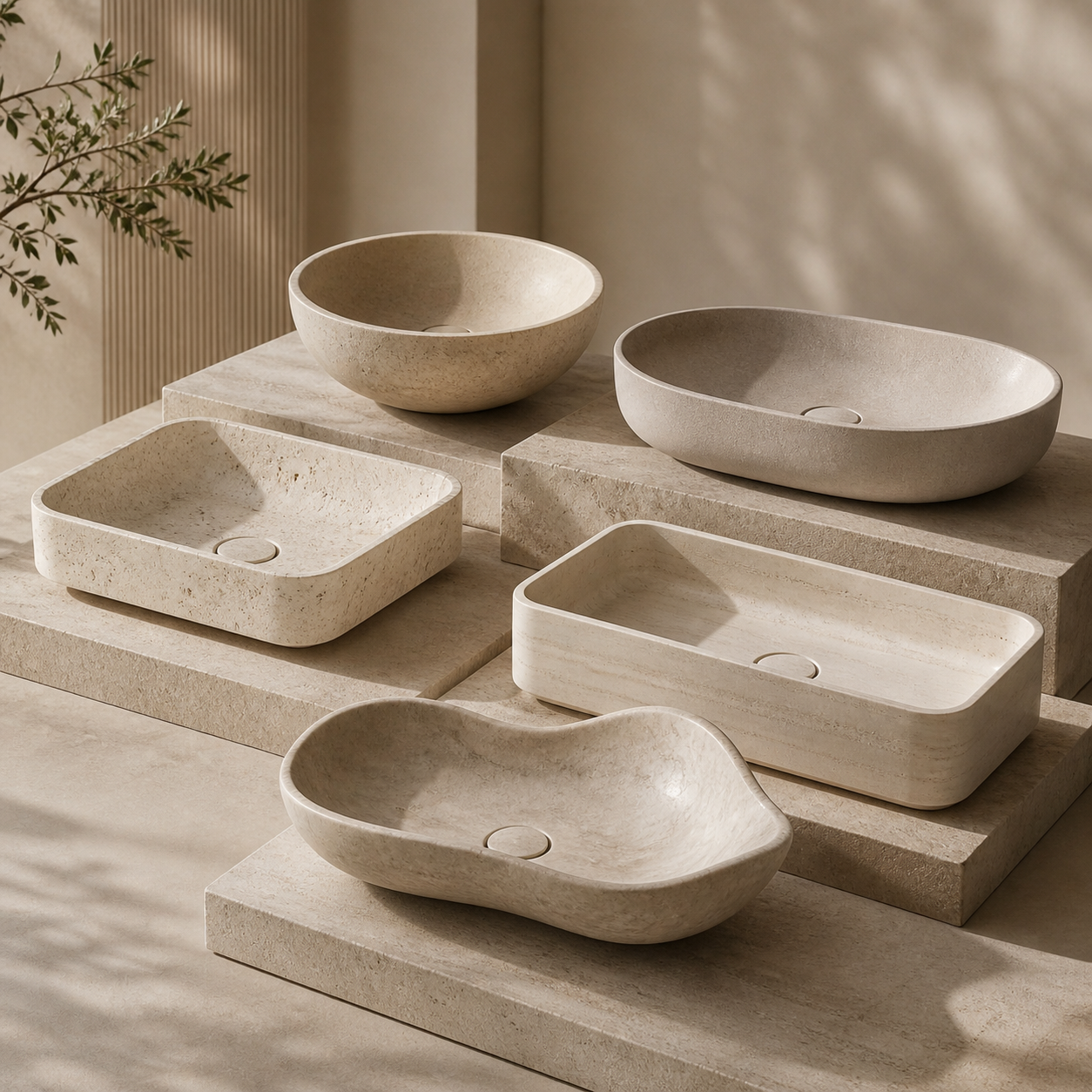 Round, oval, rectangular, and square vessel sinks representing shape variety