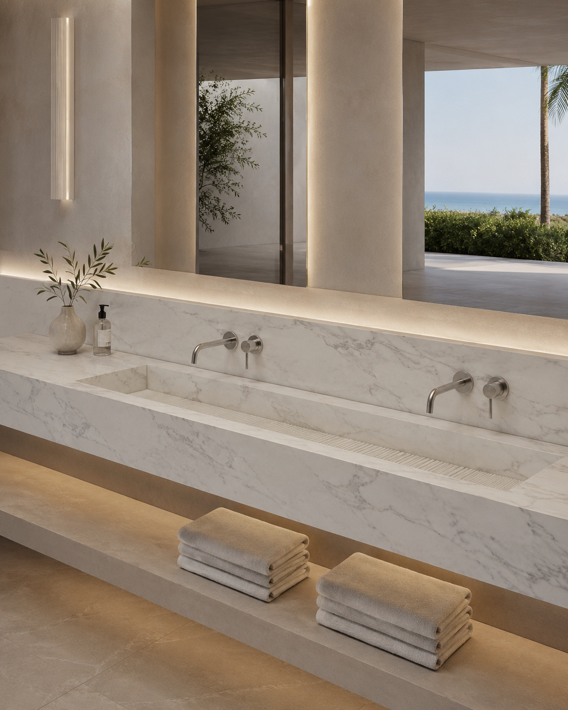 Integrated natural stone basin in a light, elegant bathroom setting, showing a softer material palette and a fresh, tailored interior mood.