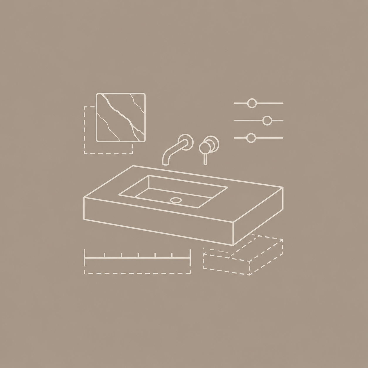 Minimal line icon representing custom integrated basin options including material, size, finish, and configuration.