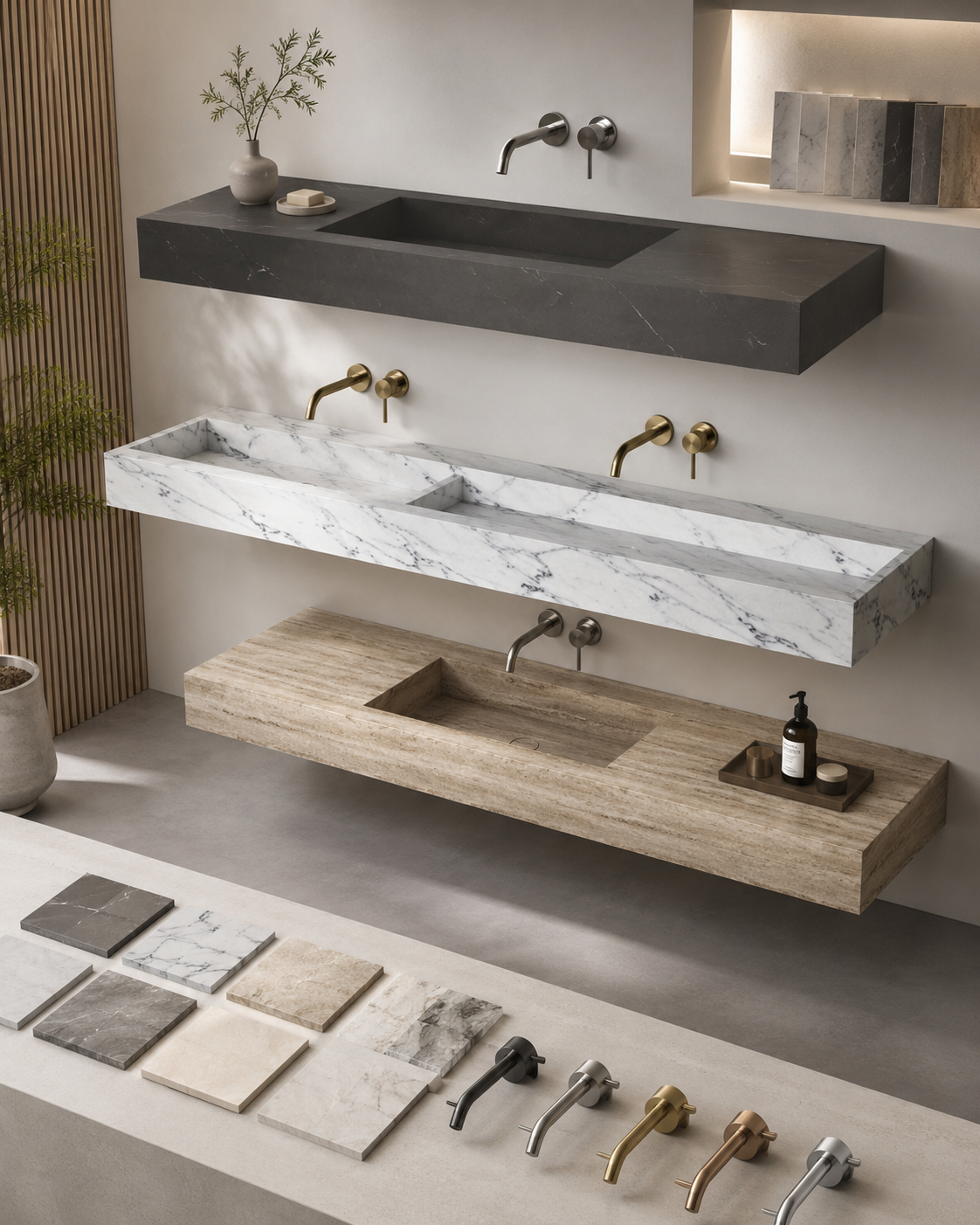 Integrated basin design and material showcase featuring different natural stone styles, finishes, and layout possibilities for custom bath projects.