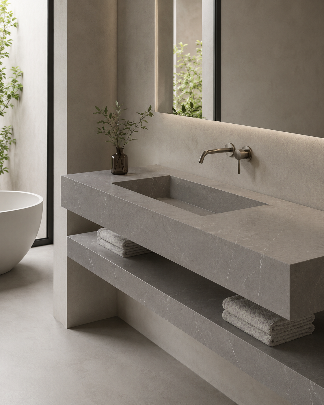 OIXDESIGN integrated natural stone basin in a refined minimalist bathroom, showing clean lines, practical countertop space, and sculptural material presence.