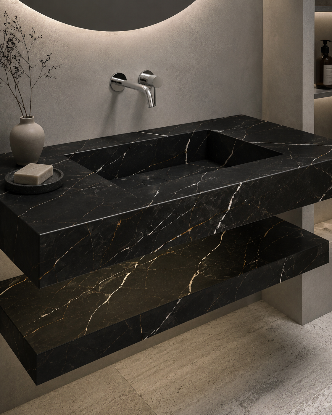 Sculptural marble integrated basin in a sleek contemporary bathroom, highlighting bold natural stone character and tailored bath design.