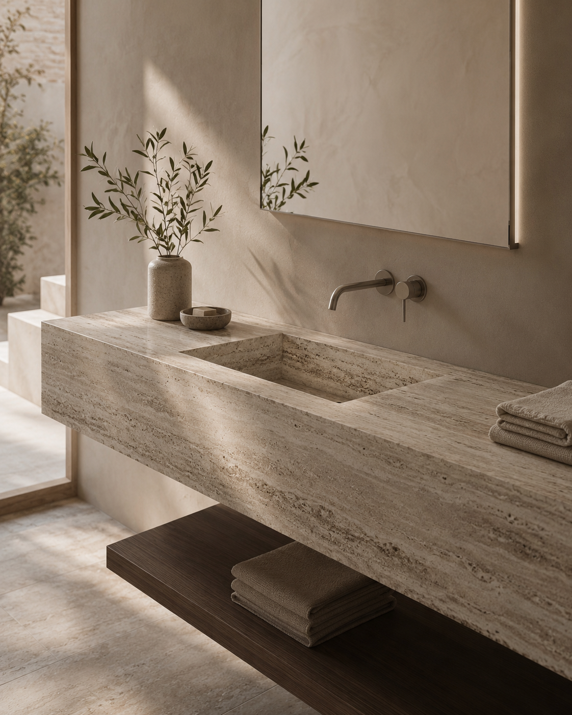 Integrated stone basin styled in a serene minimalist bathroom retreat, creating a calm and refined atmosphere for modern bath spaces.